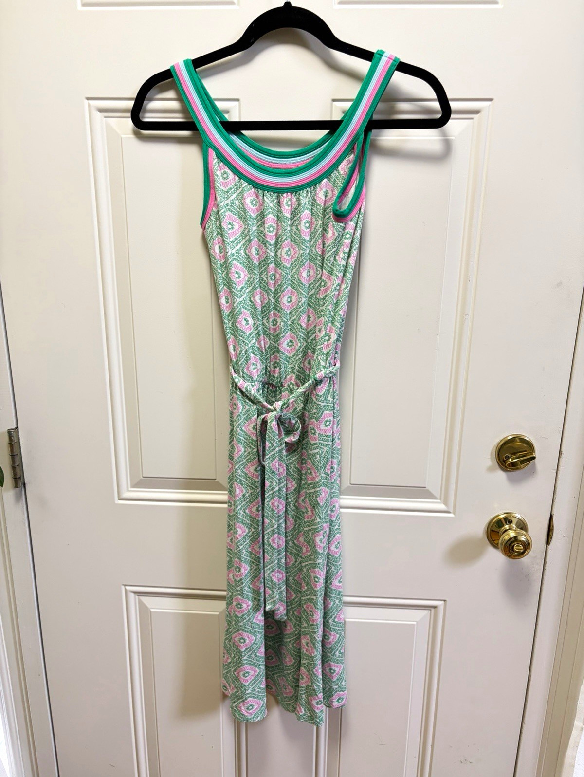 Boden women’s green pink geometric knit A-line dress sleeveless scoop neck 4L