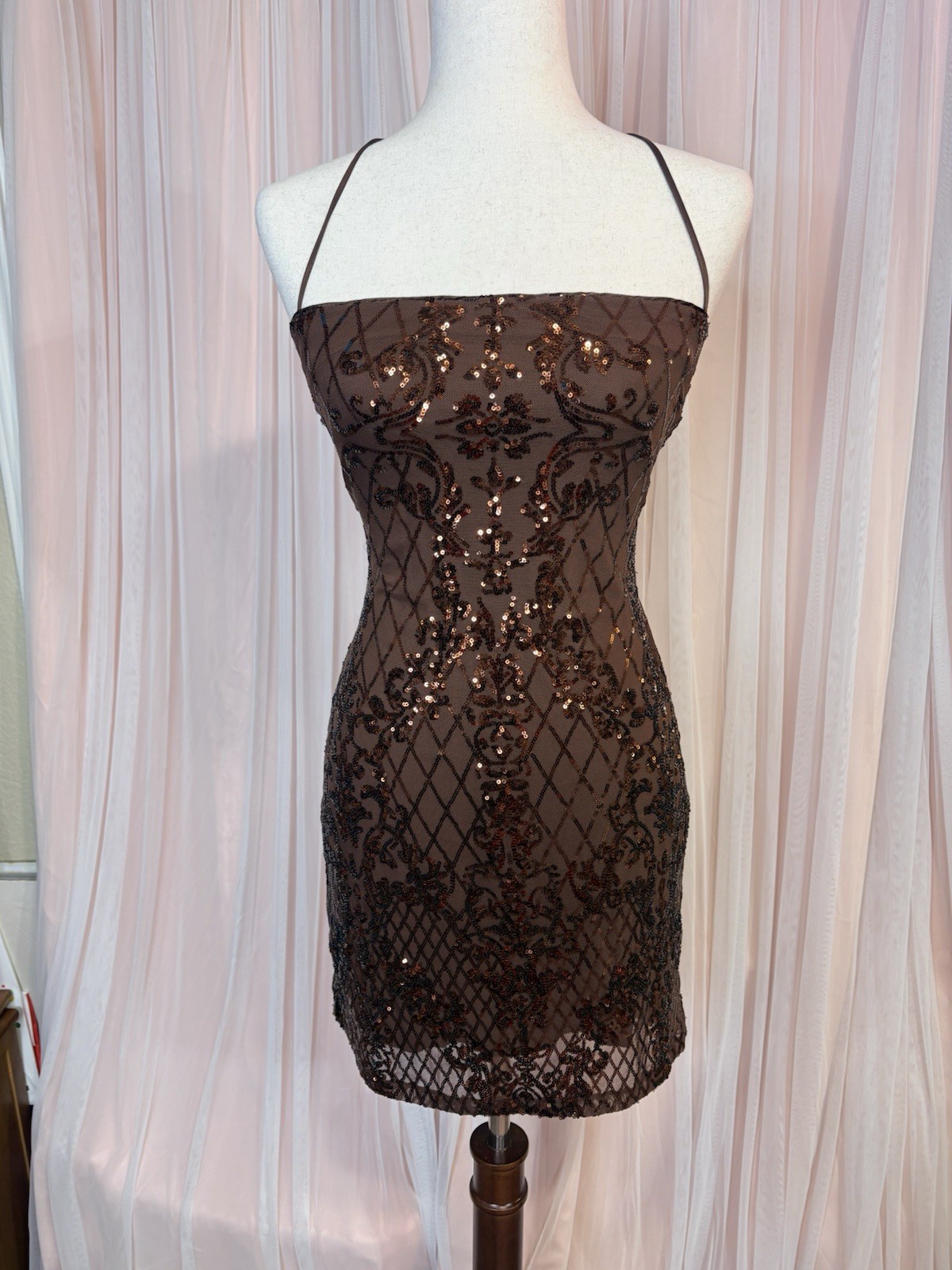 Windsor Brown Sequin Geometric Bodycon Mini Dress L Spaghetti Strap Backless