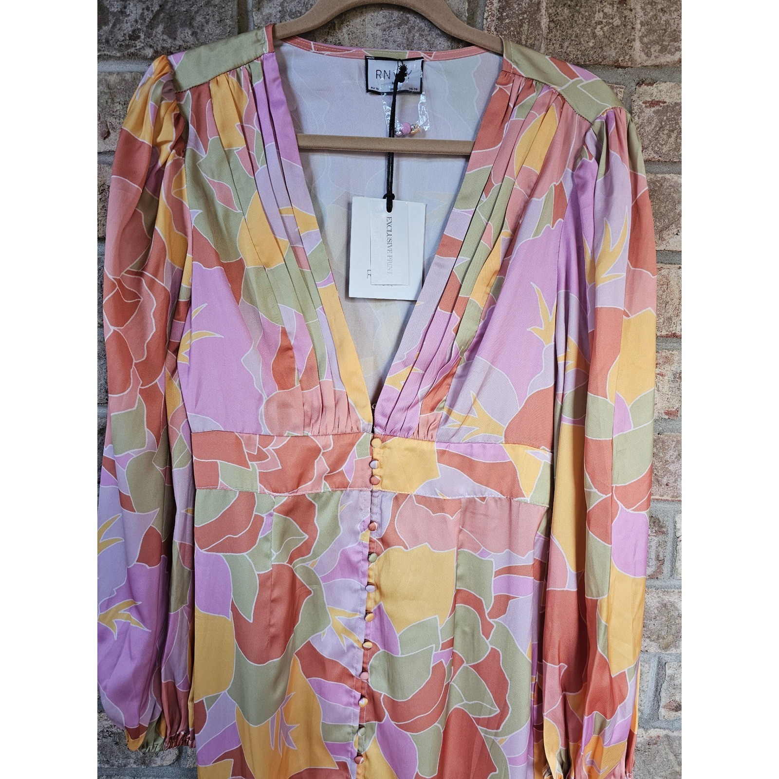 RNWY Sage Mindy Rapture Dress Multi Floral Print V Neck Button Front Medium new