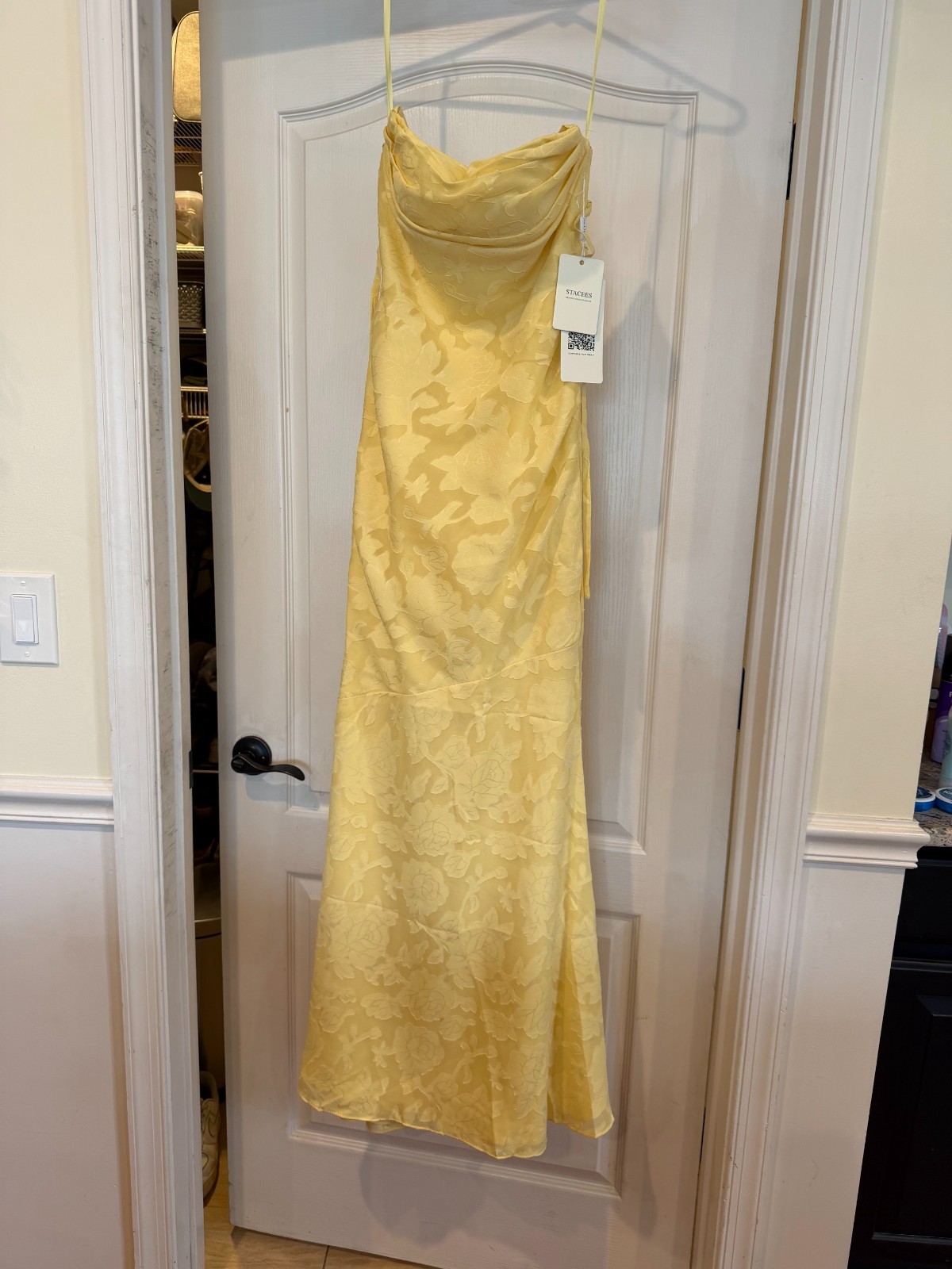 Stacees Sheath Textured Jacquard Prom Dress with Ruched Neckline Open Strappy Ba