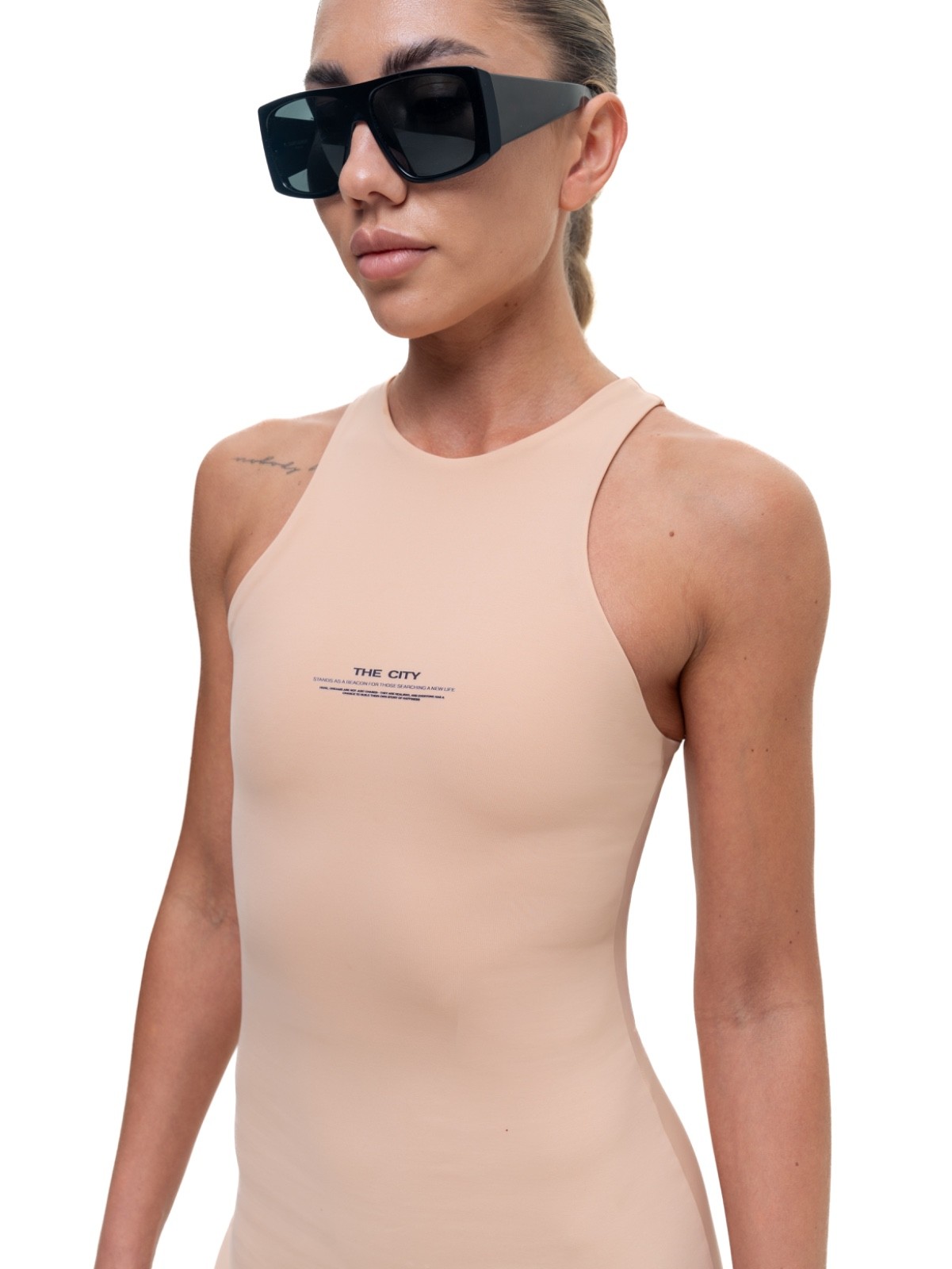 ALMZV Women’s Beige Bodycon Mini Dress Sleeveless High Neck Stretch Slim Fit