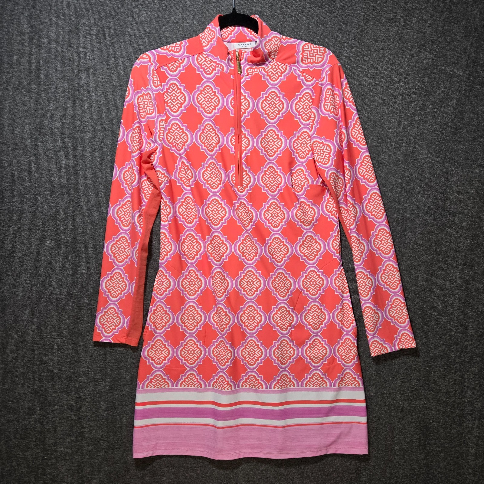 Cabana Life Coral Geo 1/4 Zip Long Sleeve Sport Dress Pink 50+ UPF Sz S