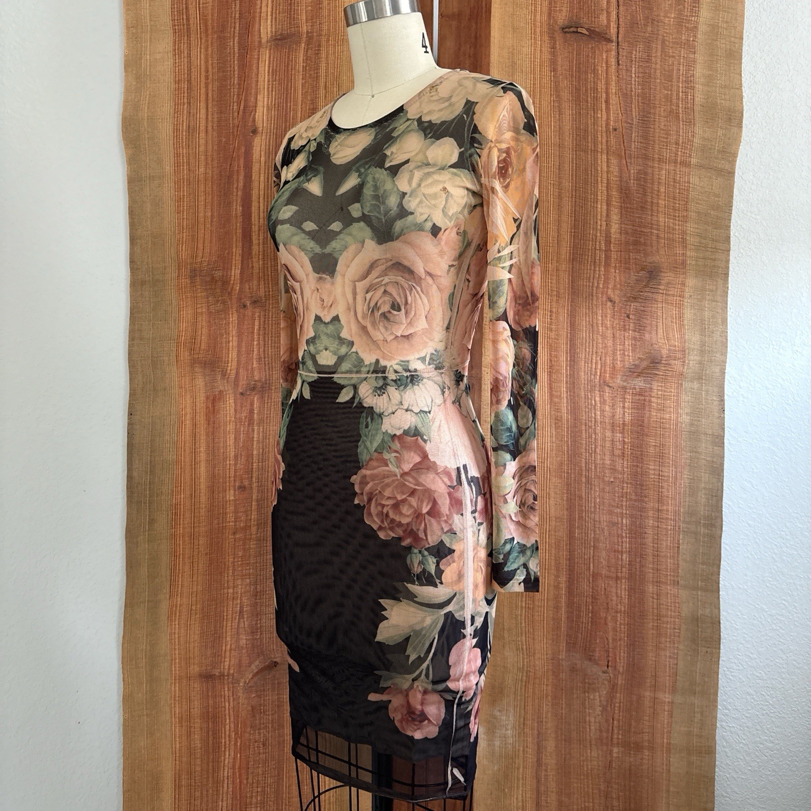 Mesh Bodycon Dress Long Sleeve Stretch Rose Sheer Top S Y2K Charlotte Russe
