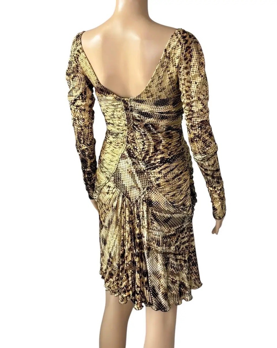 Roberto Cavalli F/W 2003 Runway Plunging Bustier Ruched Zipper Metallic Dress