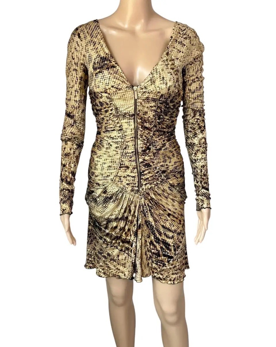 Roberto Cavalli F/W 2003 Runway Plunging Bustier Ruched Zipper Metallic Dress