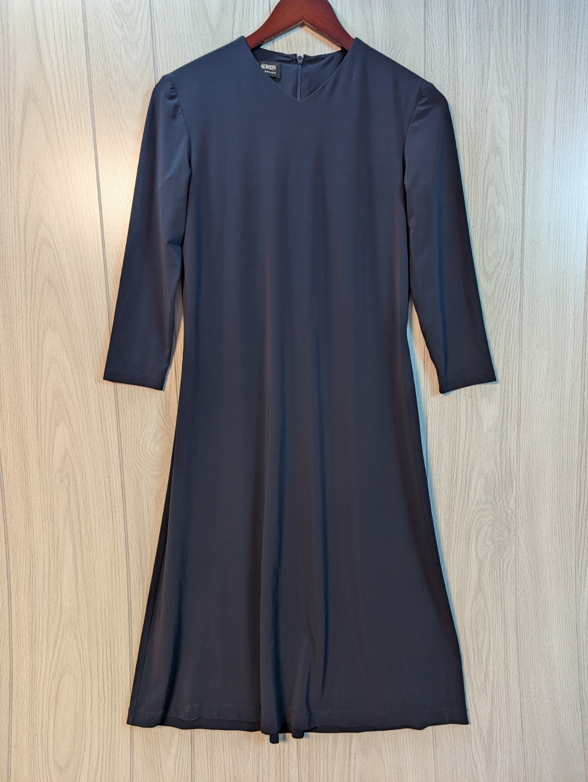 Ralph Lauren Collection Mini V Neck Midi Day Dress Sz 10 3/4 Sleeve Black
