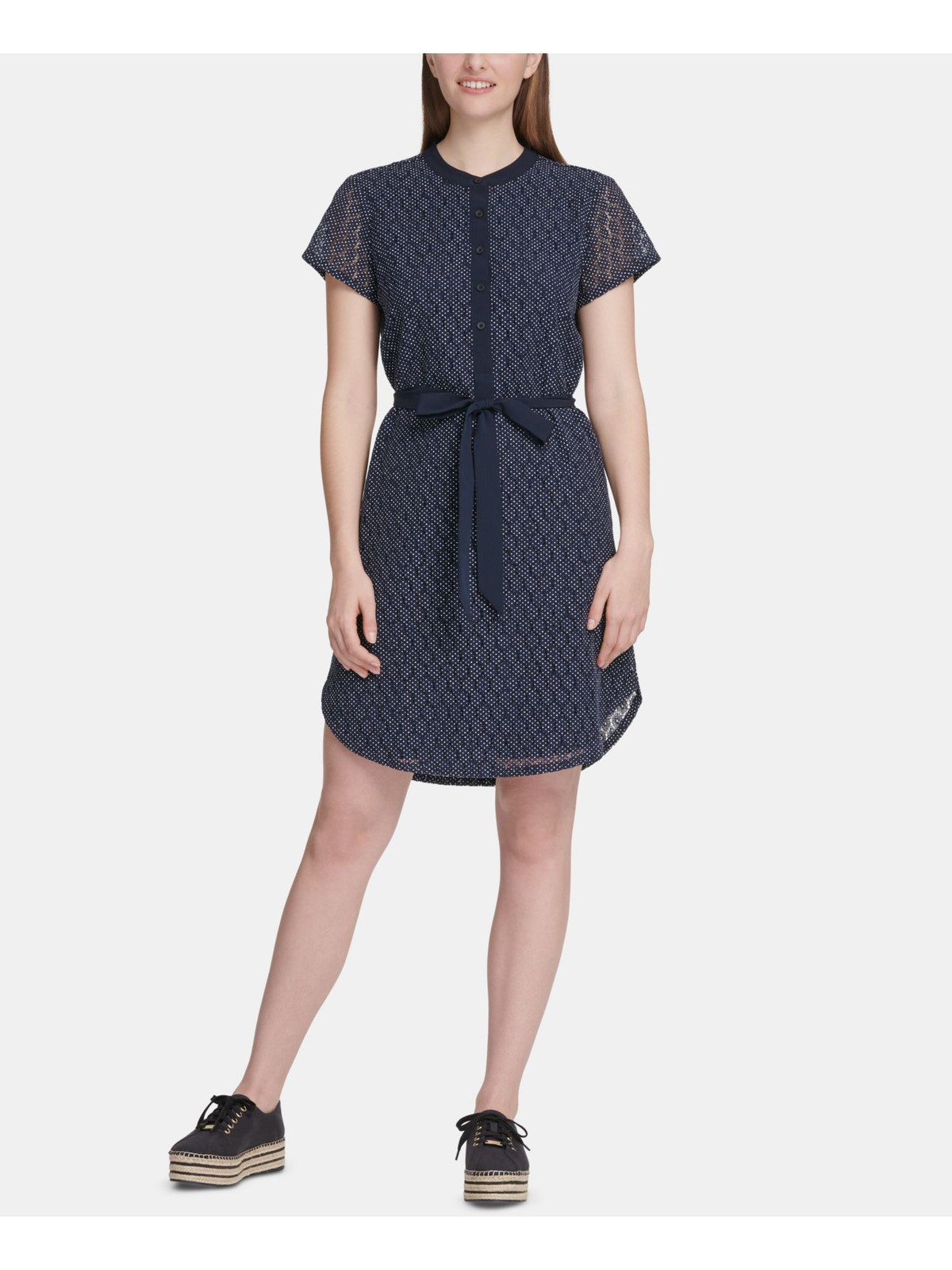 DKNY Womens Navy Polka Dot Above The Knee Shirt Dress Size: S