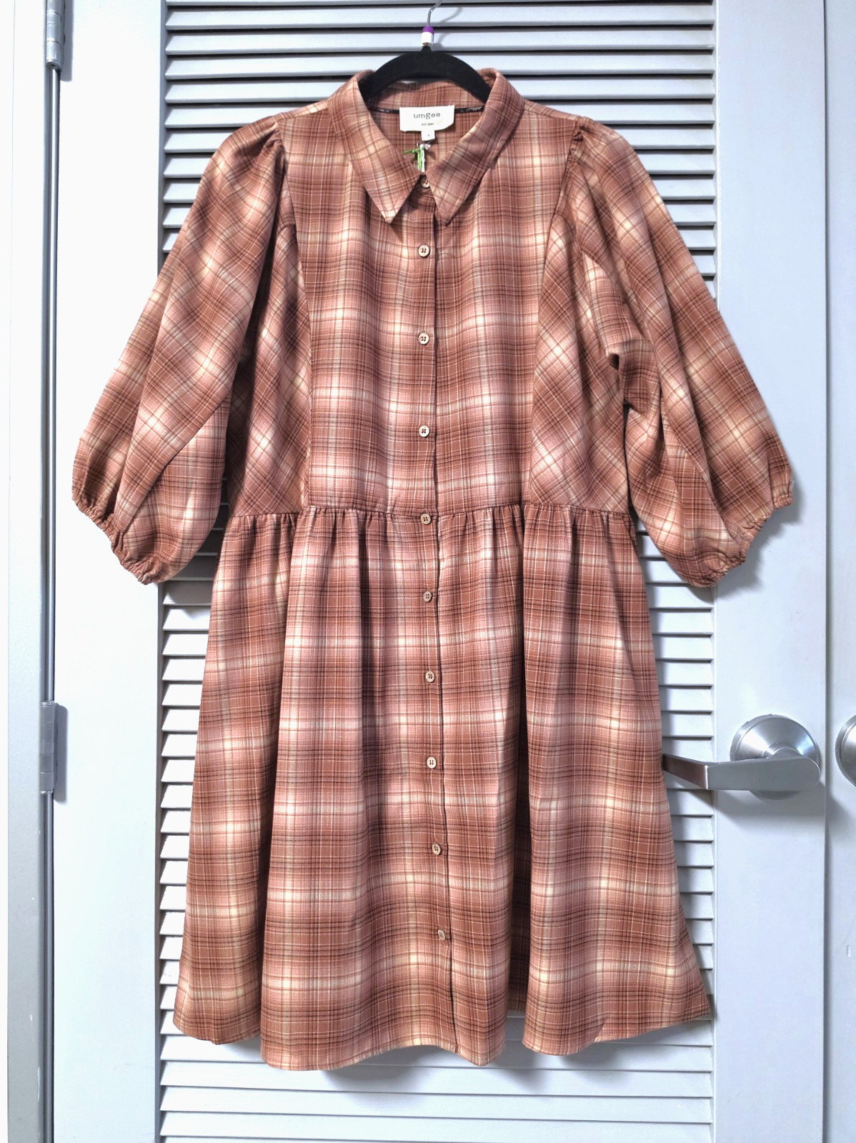 3/4 mauve plaid button down collar dress 2XL