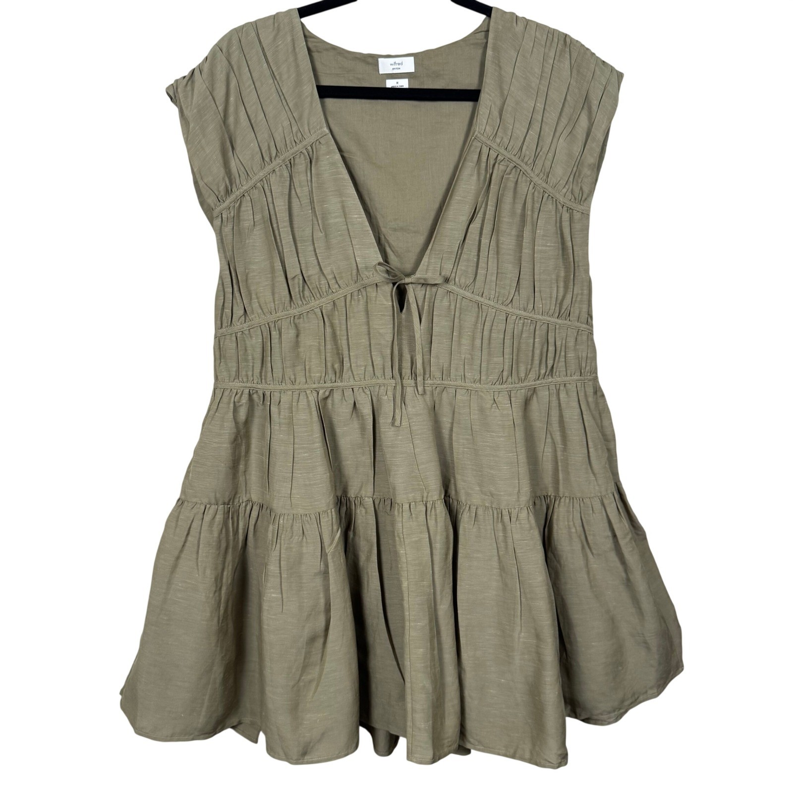 Wilfred Aritzia Sage Green Linen Blend Tiered Babydoll Dress Womens M