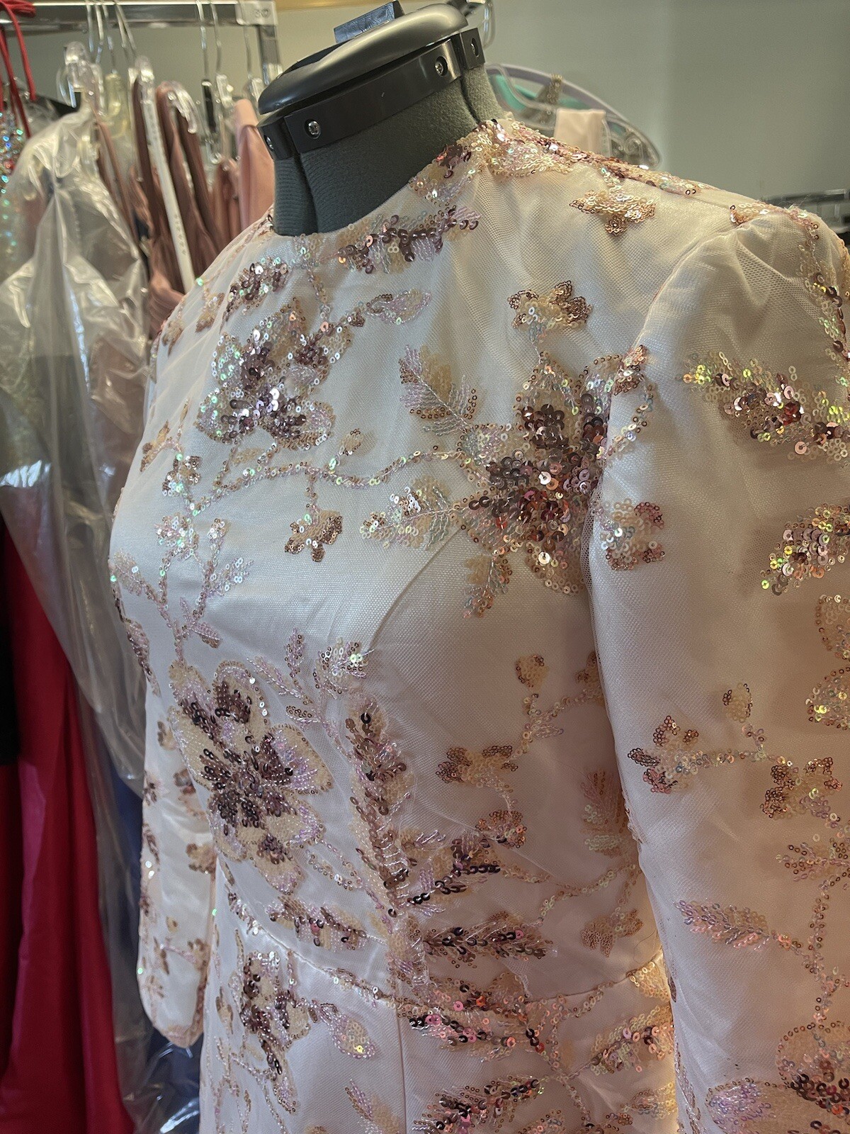 Pink FLORAL Sequence ￼ LONG SLEEVE High Round Neck GOWN Size L, Handmade.