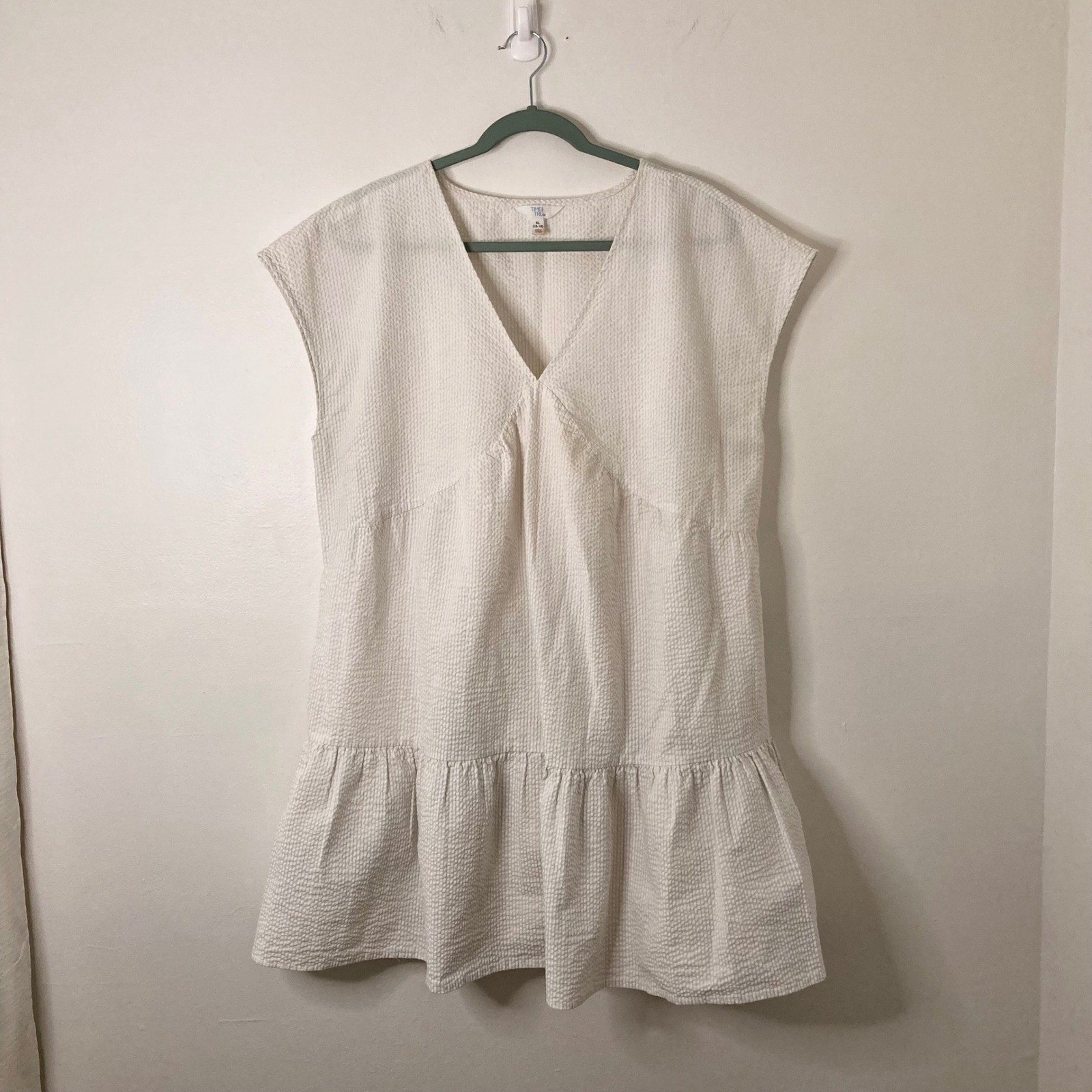 Coastal White Seersucker Tiered V-Neck Mini Dress Cottage Babydoll Pockets XL