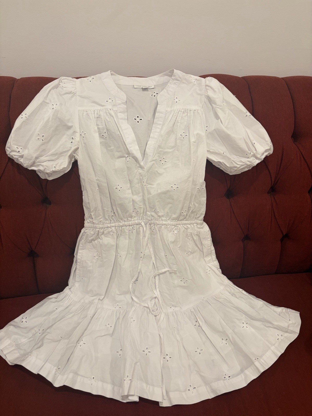 Nwt Free Assembly Womens Puff Sleeve Eyelet Drawstring Ruffle Mini Dress Wht XS