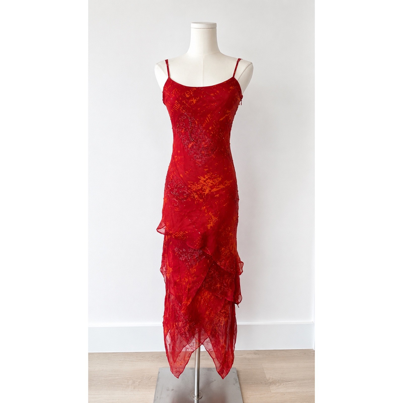 Sue Wong Nocturne Red Silk Metallic Asymmetrical Ruffle Dress 2 Vintage Y2K