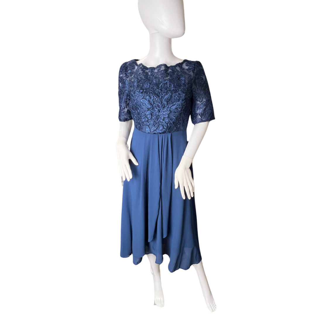 TS Conture Dress S Navy Blue Tea Length Embroidered Lace Bodice Chiffon Skirt