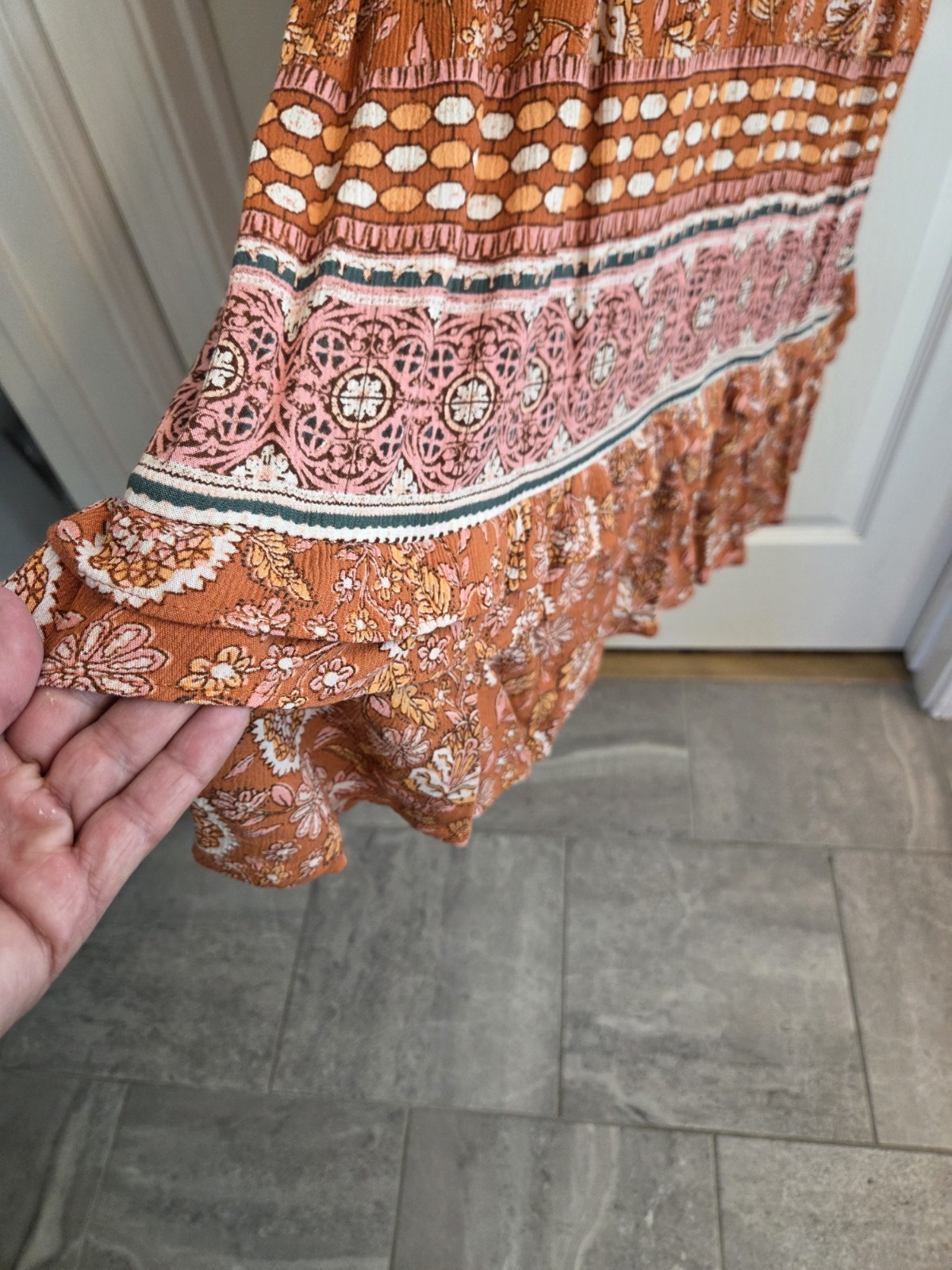 Knox Rose Dress Womens L Orange Rust Flutter Short Sleeve Tier Maxi Floral Boho