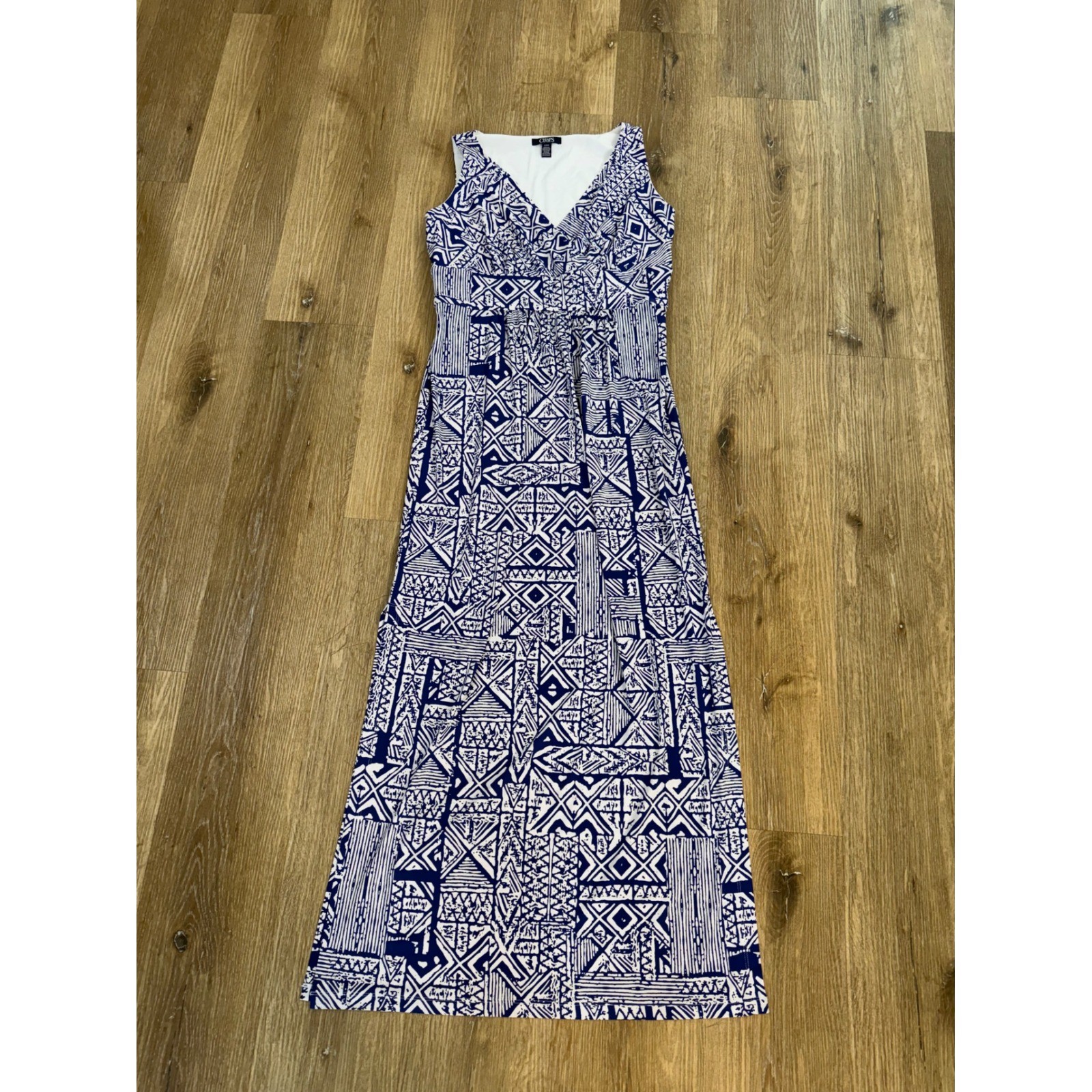 Chaps Geometric Tribal Print Maxi Dress M Blue White Sleeveless Empire Waist