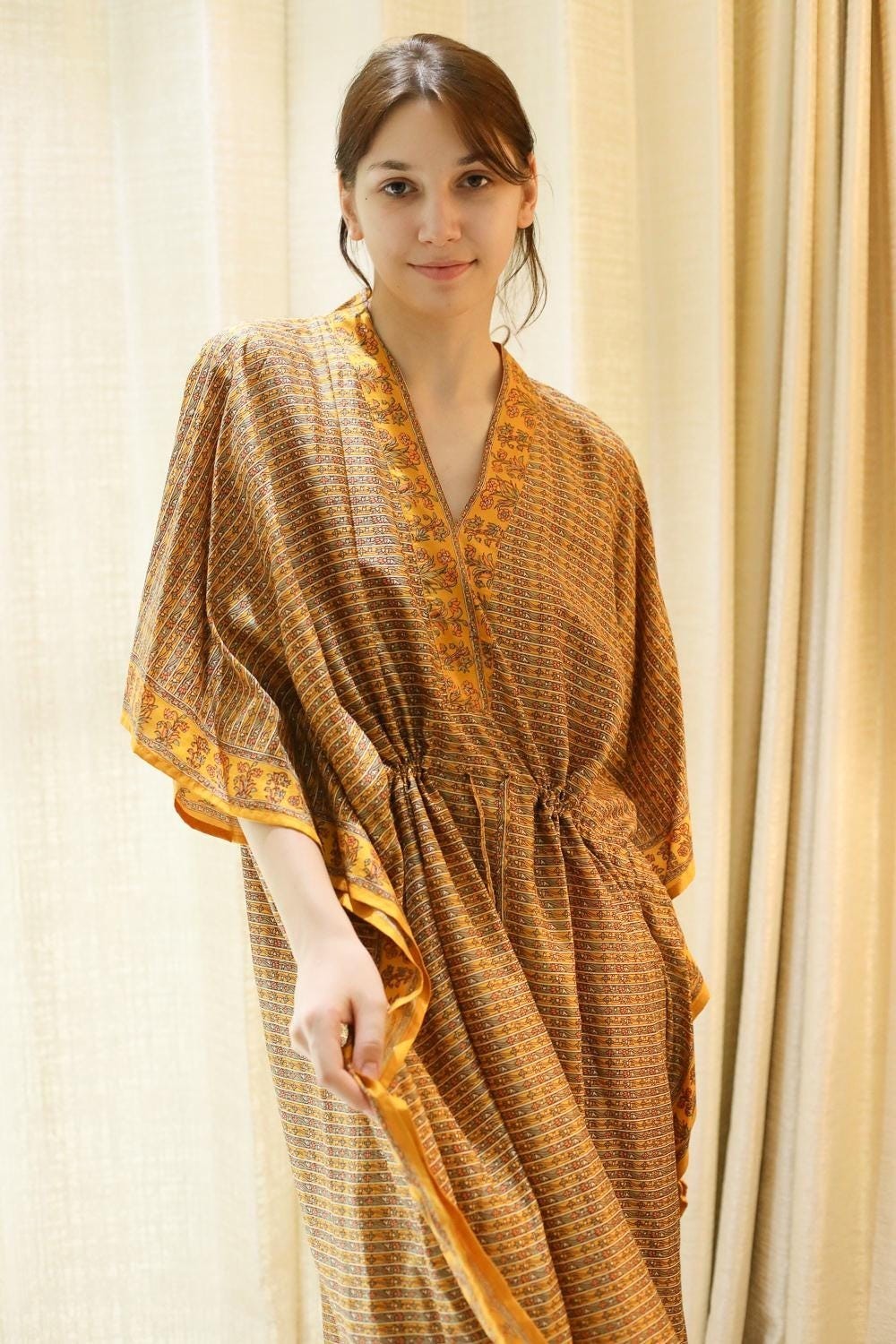 Silk Yellow Kaftan / Handmade Flowy Maxi Dress / Resort Wear Outfit PS MFN1006