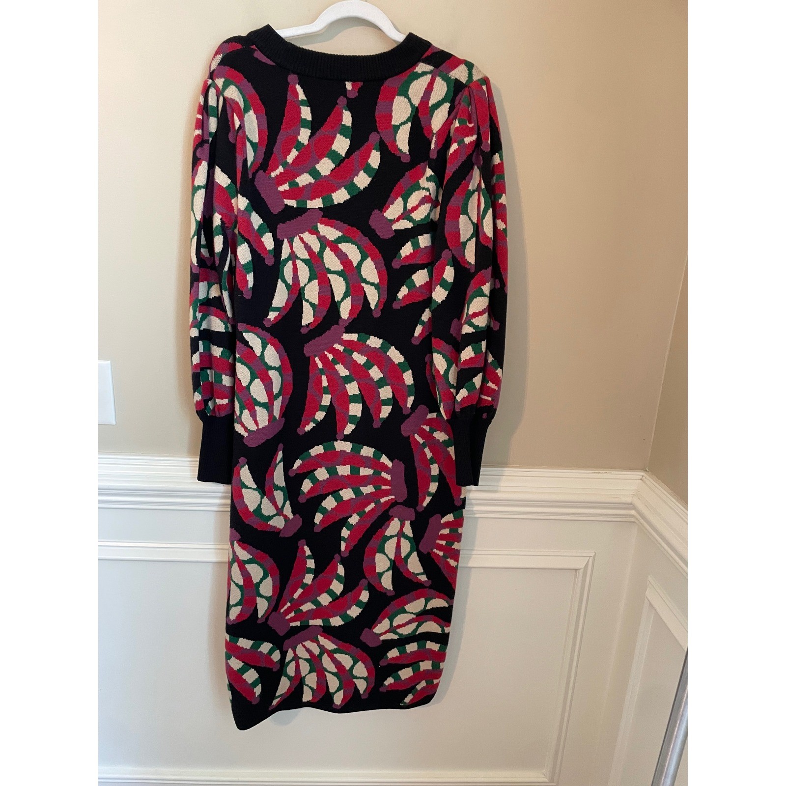 Farm Rio Banana Knit Midi Sweater Dress Black Multi Bishop Sleeve Size L