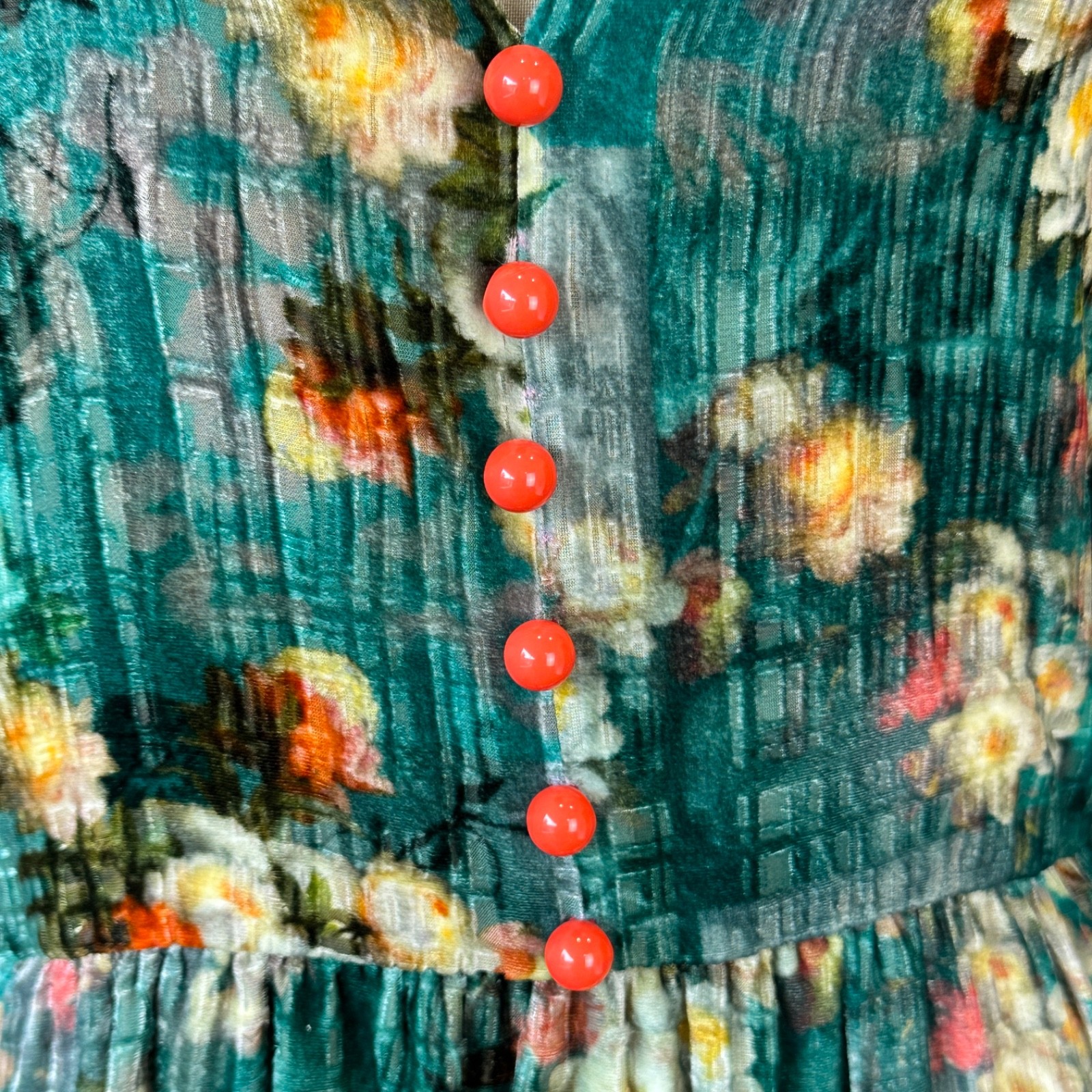 LEONA EDMISTON – SILK BLEND VELVET FLORAL MIDI DRESS – TEAL – SZ 3/ 14 AU/ 10 US