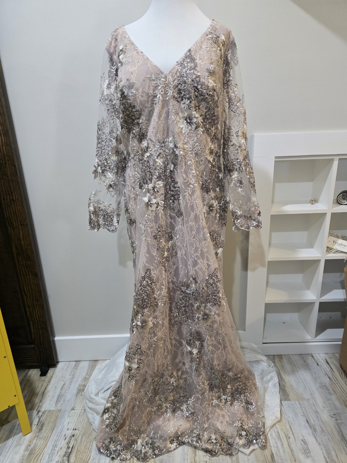 Mac Duggal 67539 Embellished V-neck Illusions Gown NWT Size 18 Taupe