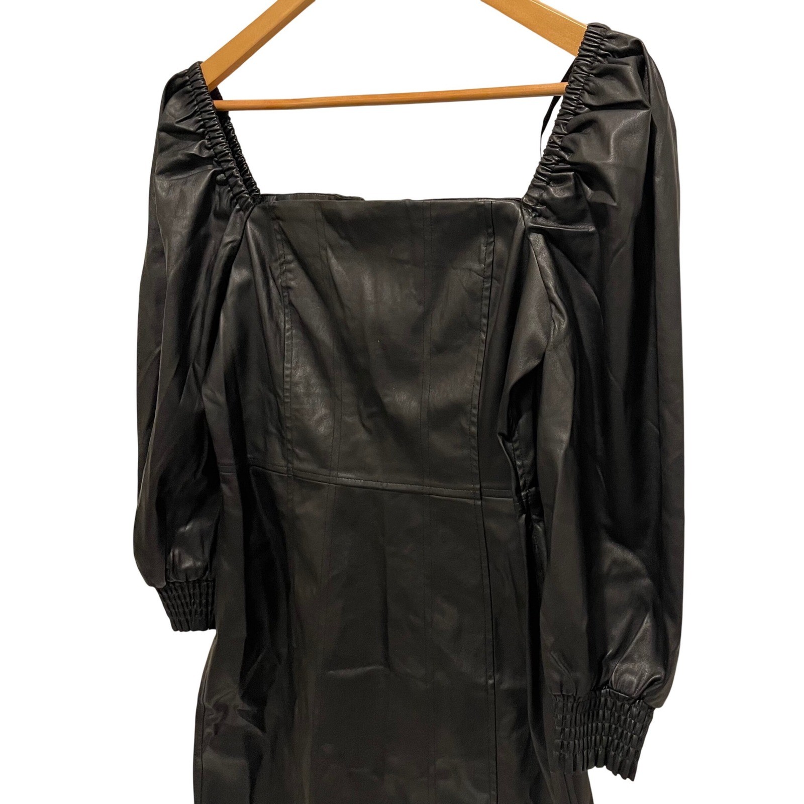 7 For All Mankind Faux Leather Square Neck Smocked Zipper Dress Black Medium NWT