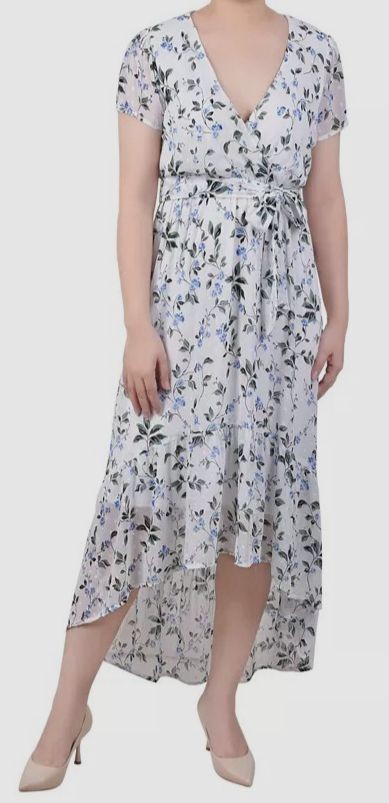 NY Collection Women’s White Short-Sleeve High-Low Chiffon Dress Petite Size PL
