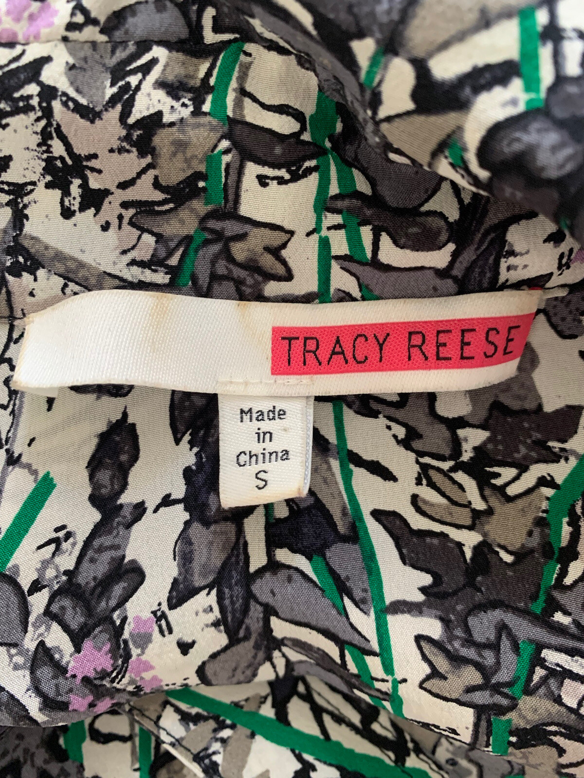TRACY REESE NEW! 100% Silk Gray/Green Leaf Drawstring Hook Front Mini Dress Sz S
