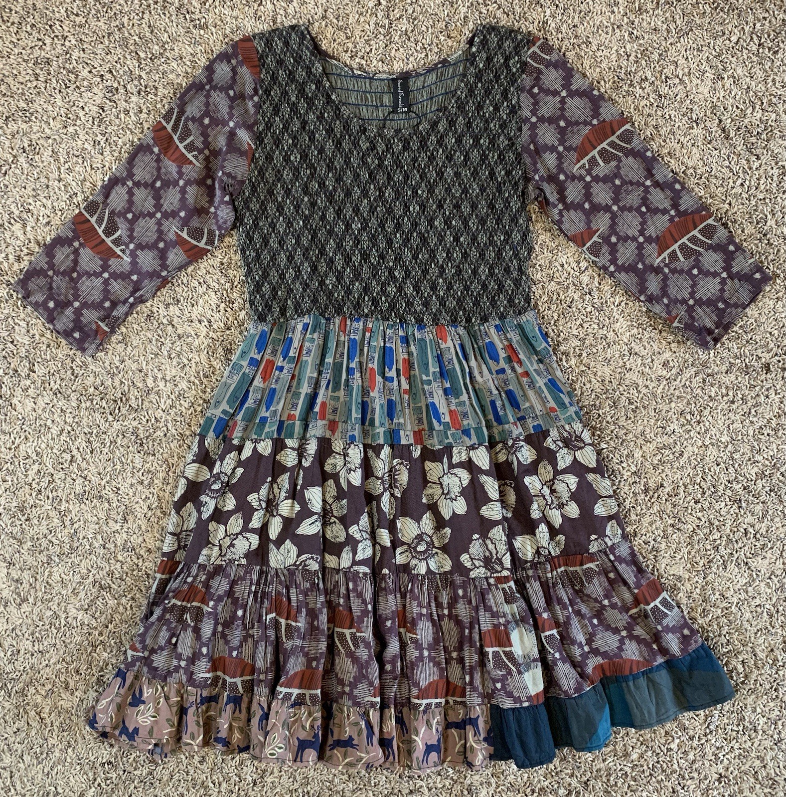Sacred Threads Patchwork Dress Women S/M Paint Brush Art AOP A Line Boho Hippie