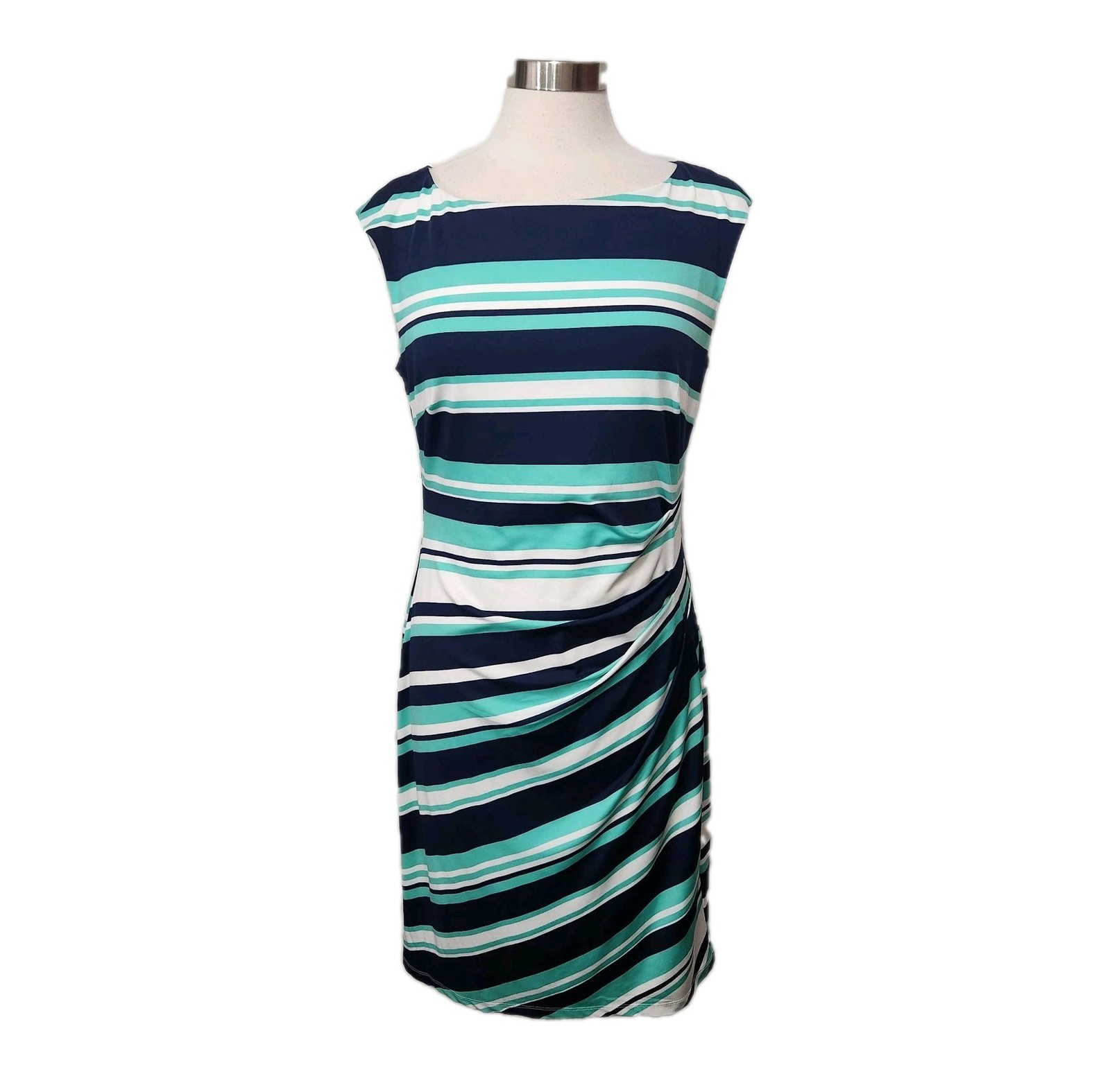 Db Established 1962 Dress 14 Sleeveless Navy Green Stripe Side Ruched Lined