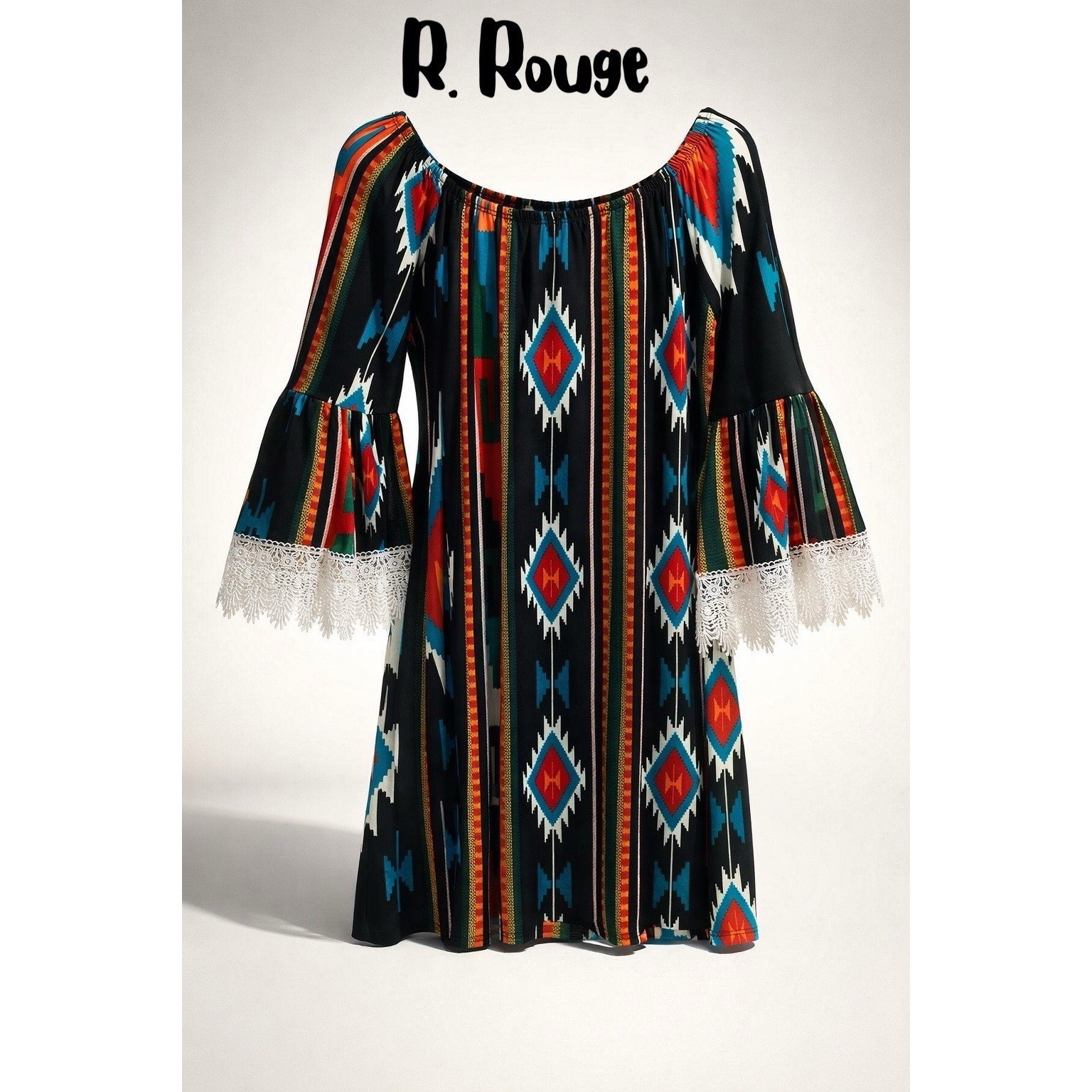 R. Rouge Womens Multicolor Aztec Bohemian Bell Sleeve Tunic Mini Dress