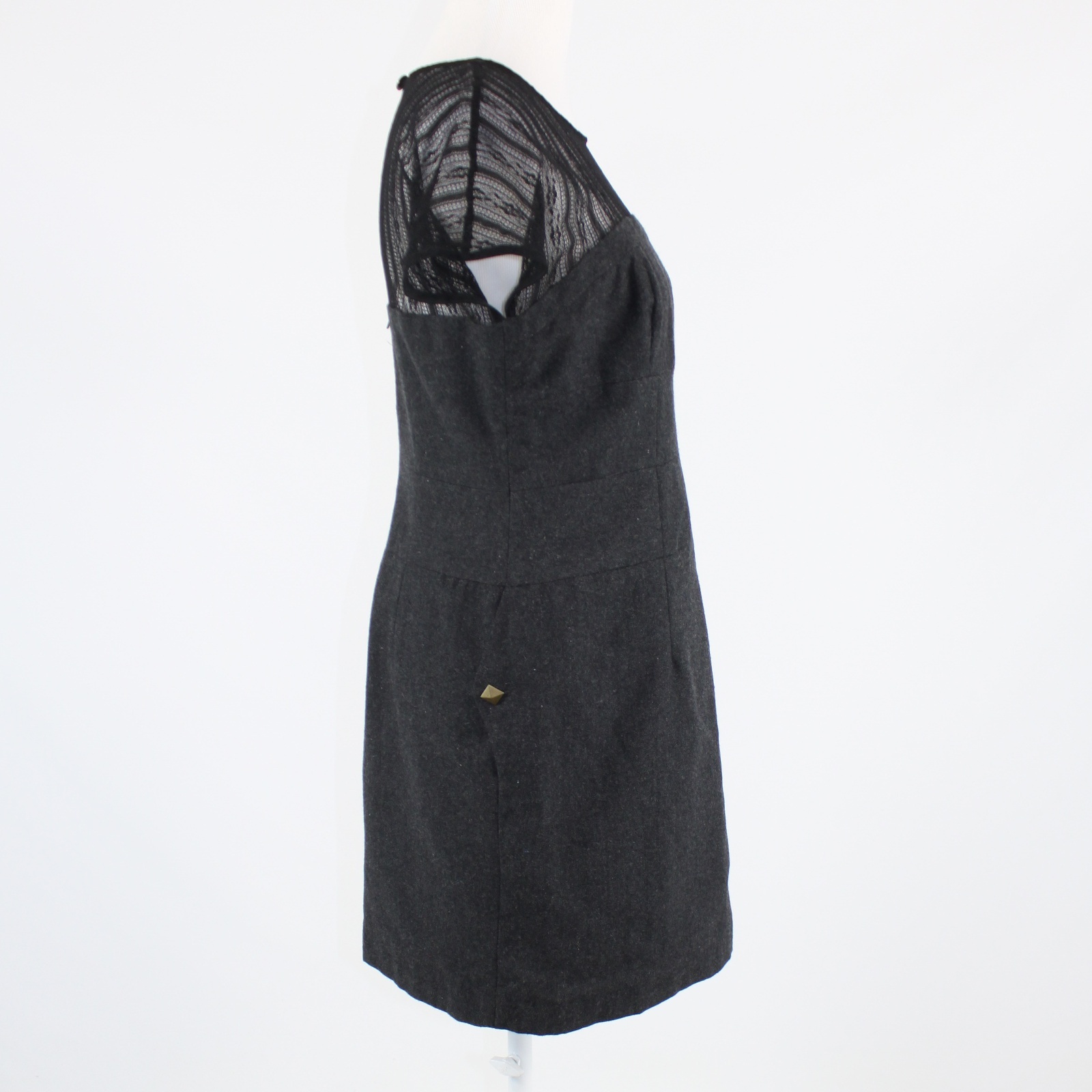 Charcoal gray TULLE black sheer lace neckline cap sleeve sheath dress L