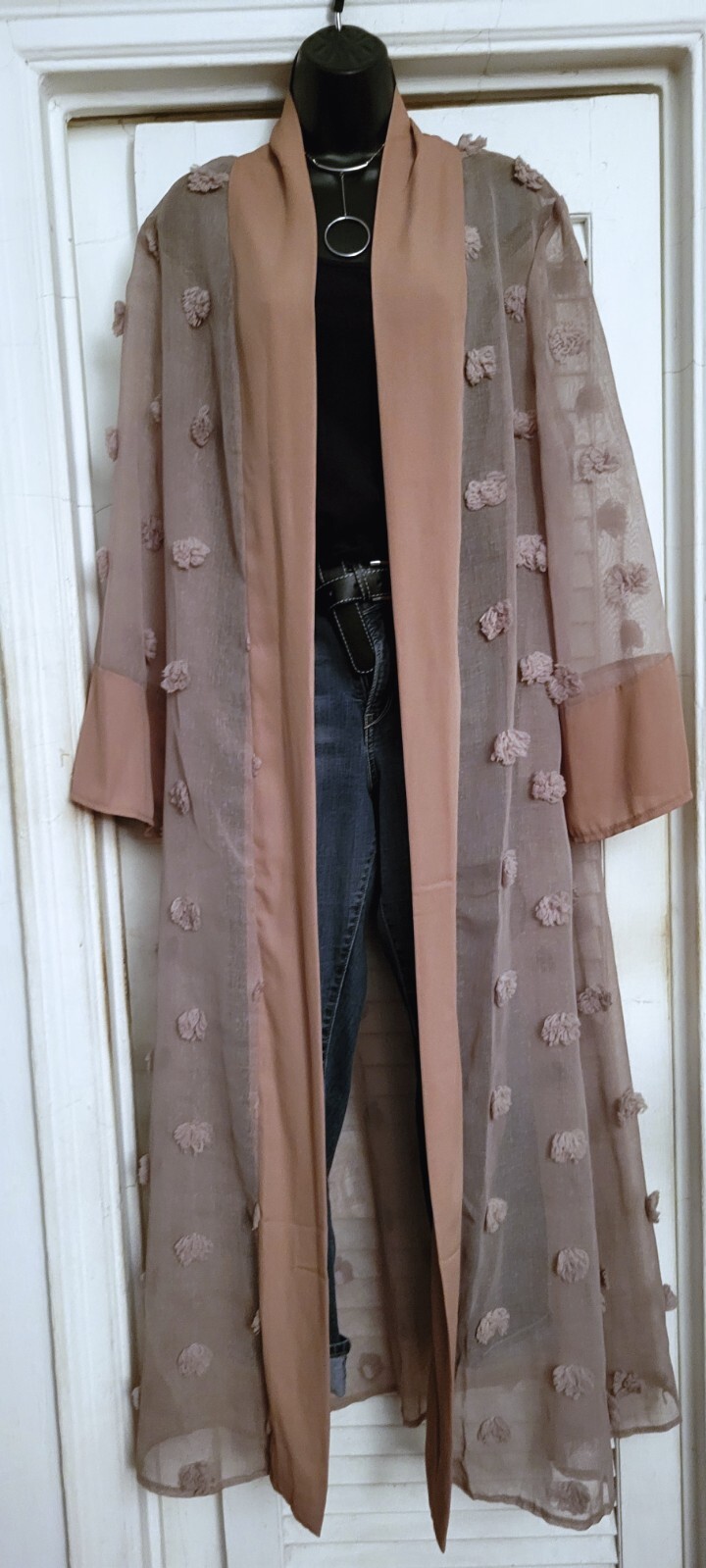 Chic Brownish Beige Loose Long Sleeve Sheer Applique Solid Border Maxi Duster L