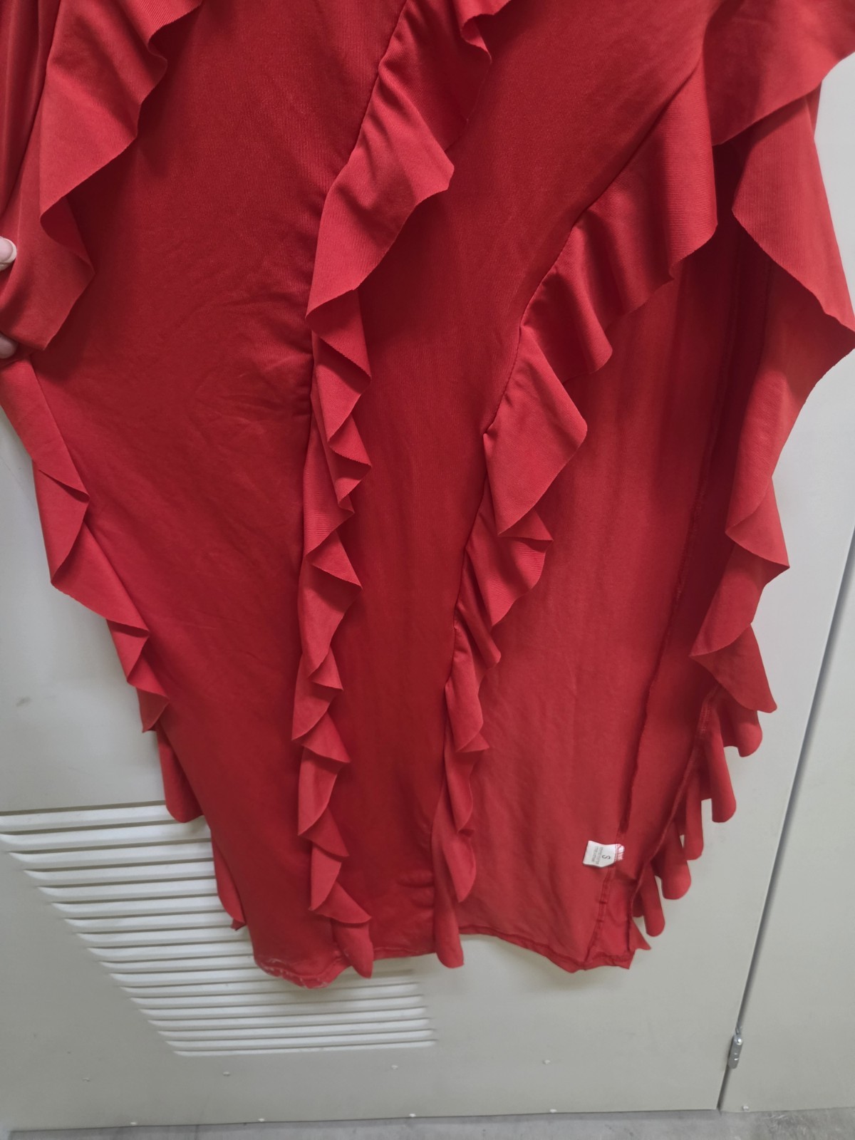 Red Solid Ruffle V-Neck Maxi Dress Size S Stretch Knit Adjustable Straps