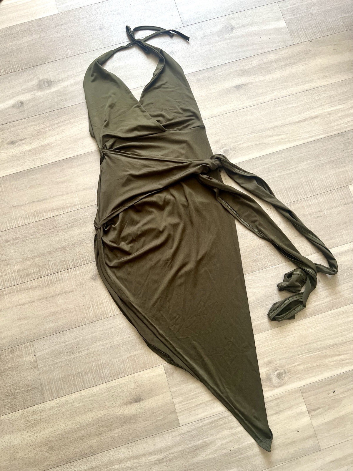 Green Solid Halter Sleeveless Wrap Midi Dress Tie Strap Polyester Womens L