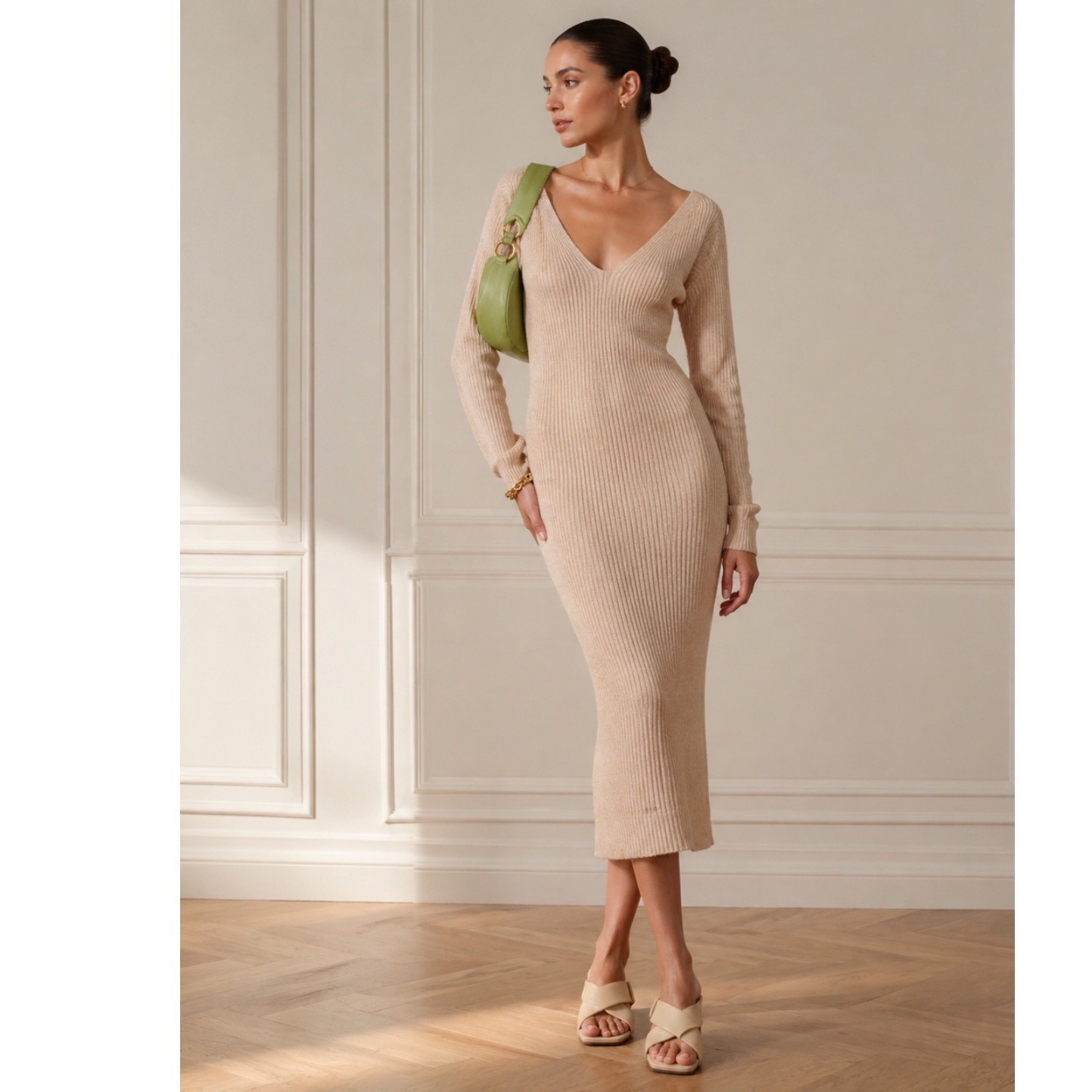 REMAIN Birger Christensen COURTNEY RIB Knit MIDI Dress LINEN TURTLEDOVE BEIGE 10