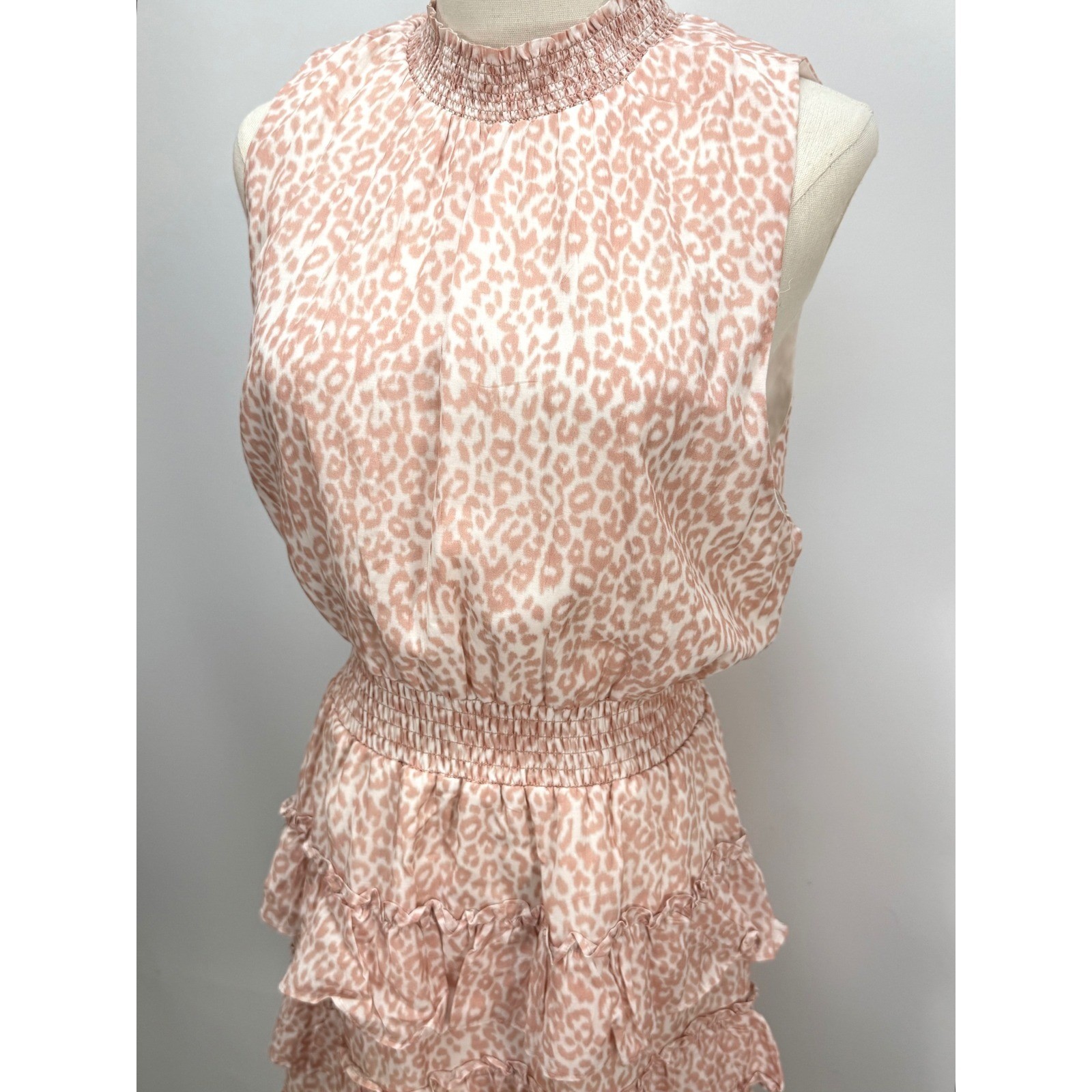 Rachel Parcell Pink Leopard Print Smocked High Neck Tiered Ruffle Mini Dress L