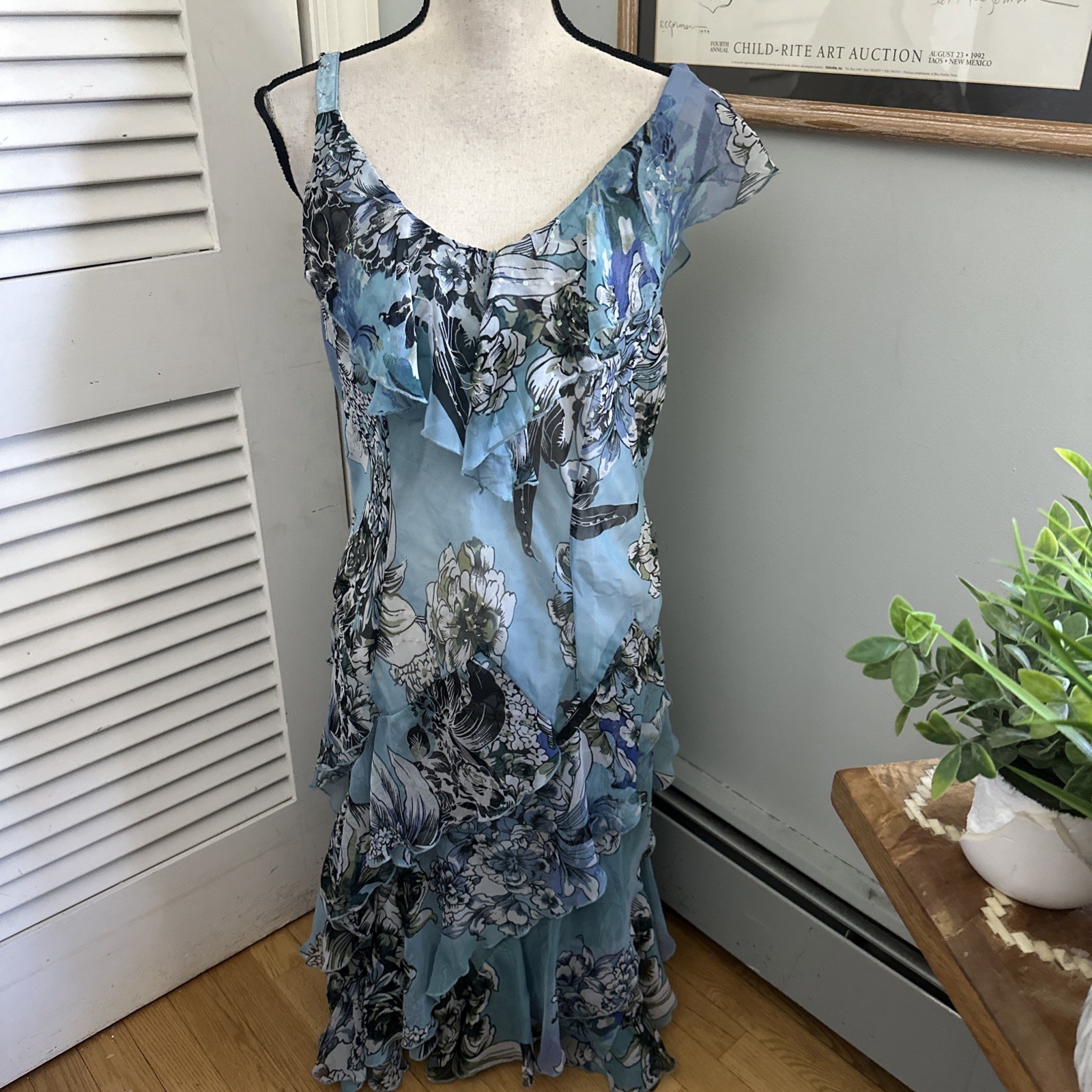 Vintage Dressbarn Dress Womens 16 Blue Tiered Asymmetric Beaded Y2K Fairy Grunge