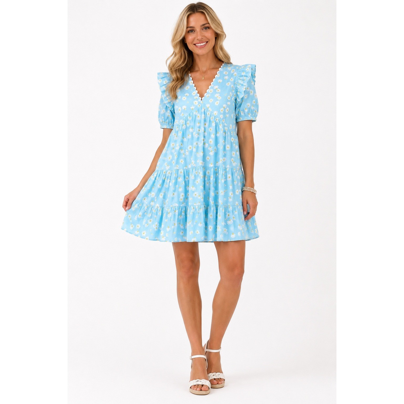 Simply Southern Daisy Print Tiered Mini Dress Blue Cotton Cottagecore Ruffle M
