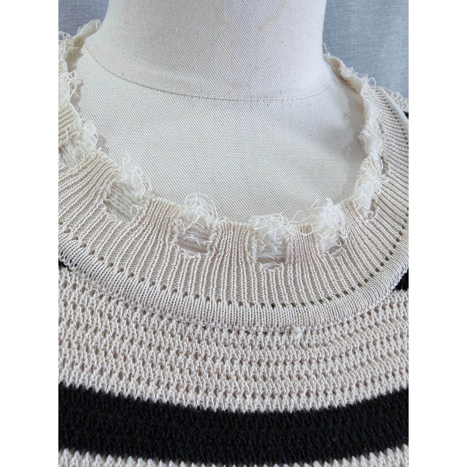 mello. Los Angeles Striped Knit Midi Dress Distressed Neck Cream Black Medium