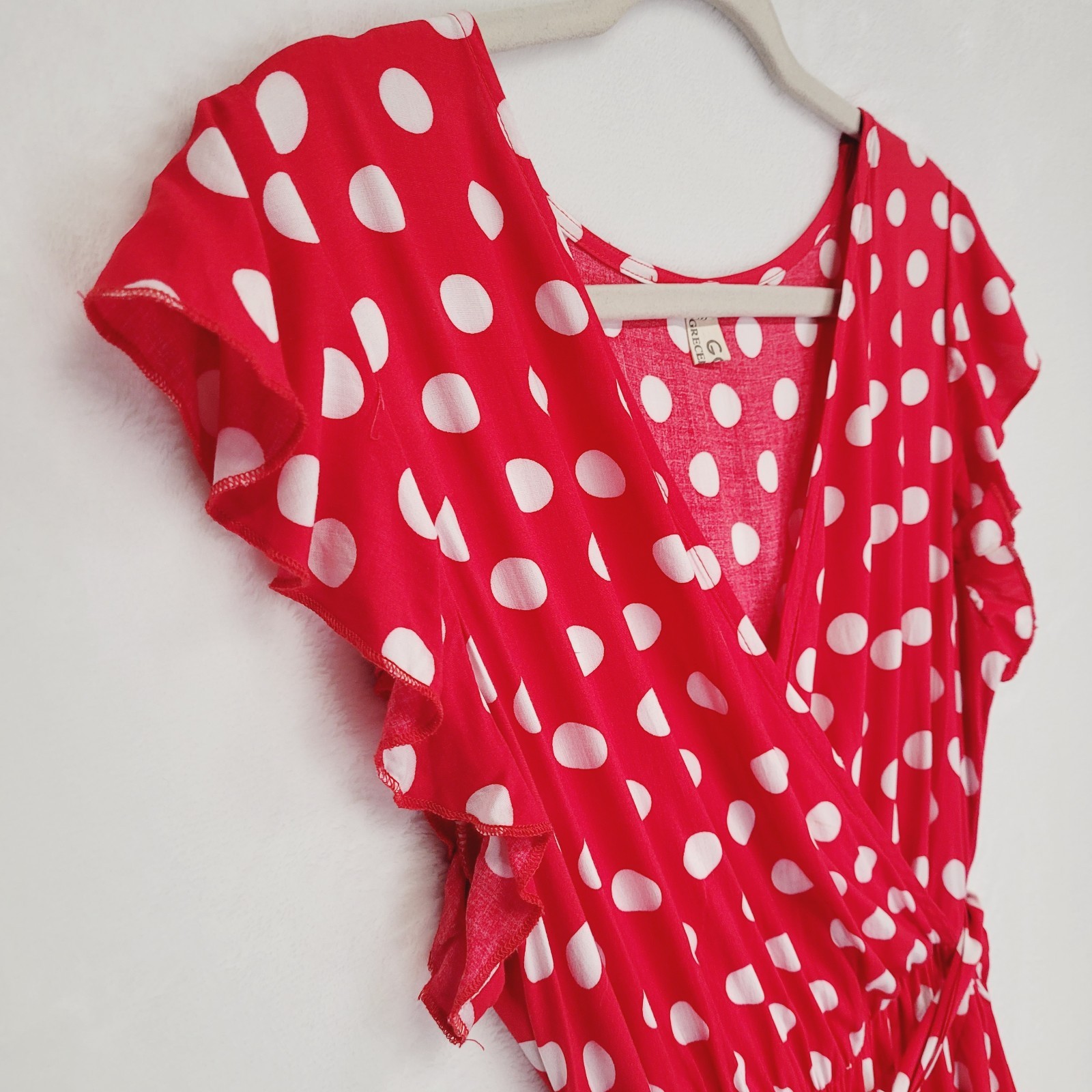 Red Polka Dot Faux Wrap Surplice Maxi Dress M Hi Low Ruffle Romantic Retro Femme