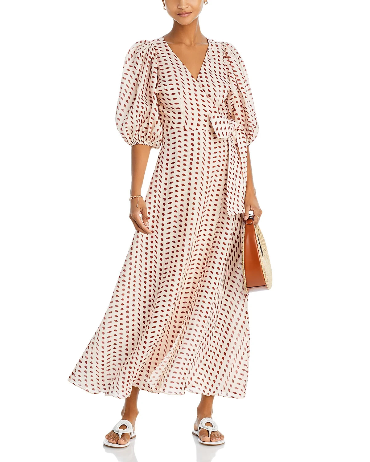 $495 Juan De Dios Ermita Wrap Puff Sleeve Dress Ivory Wine Seeds Women’s US 4