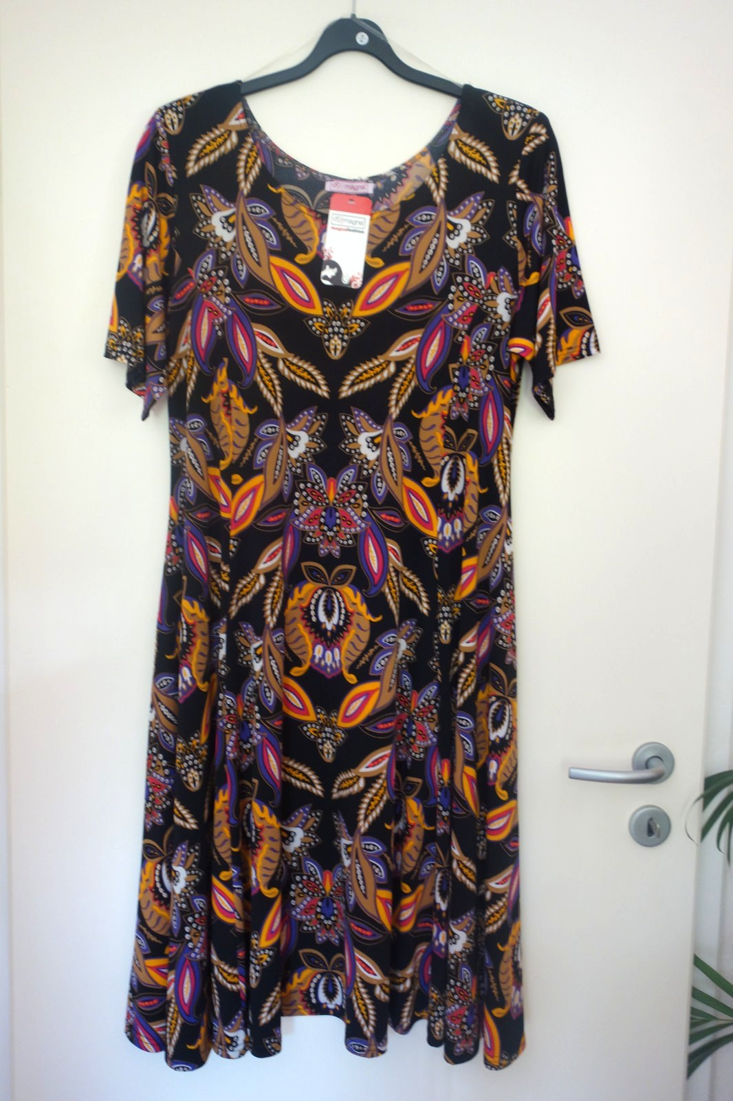 Magna summer dress 48 50 new black Multicoloured Floral Leaves Stretch A Line LAGENLOOK