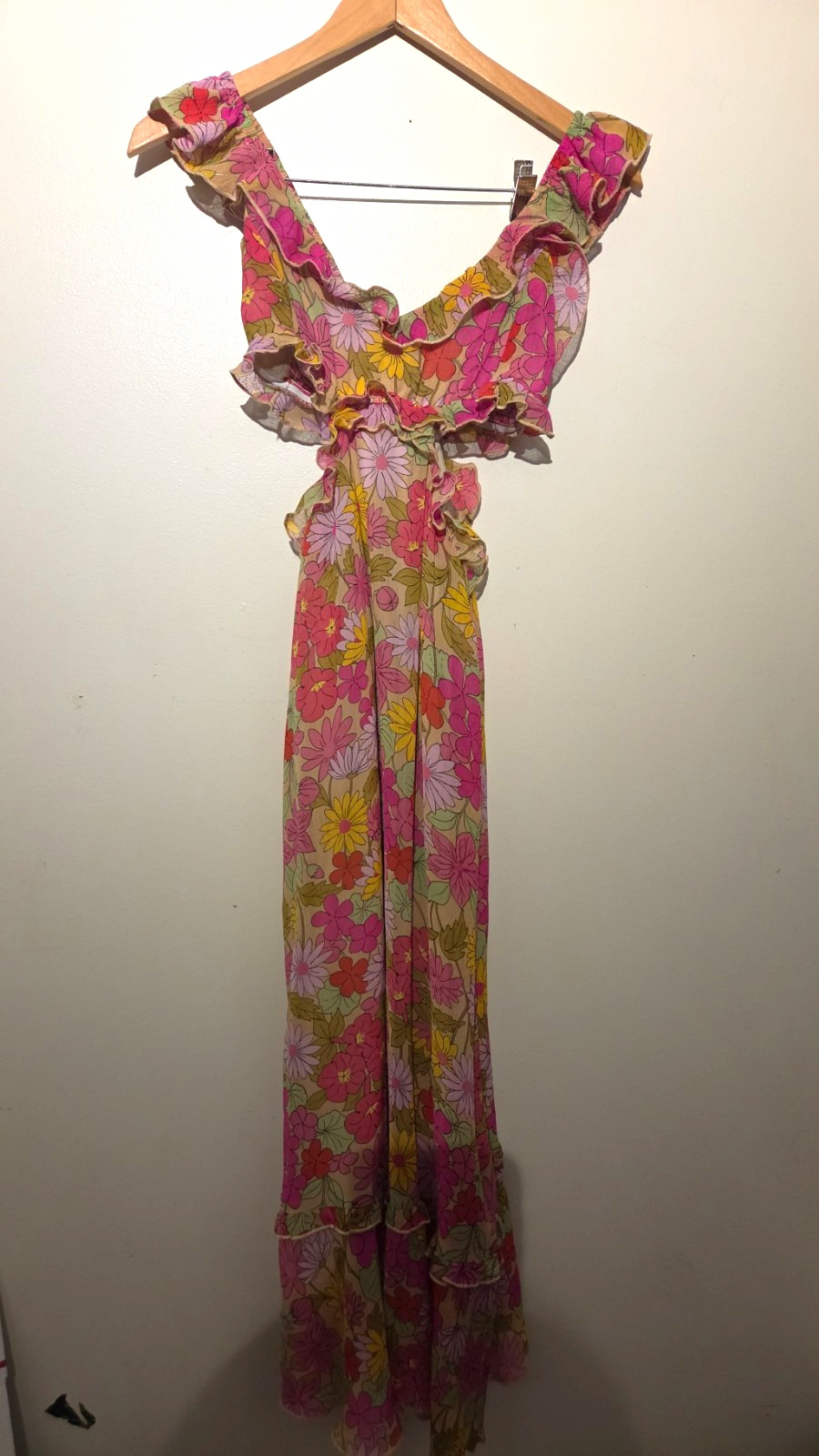 Show Me Your Mumu Pink/Yellow Floral Ruffle Cut-Out V-Neck Midi Dress Size S