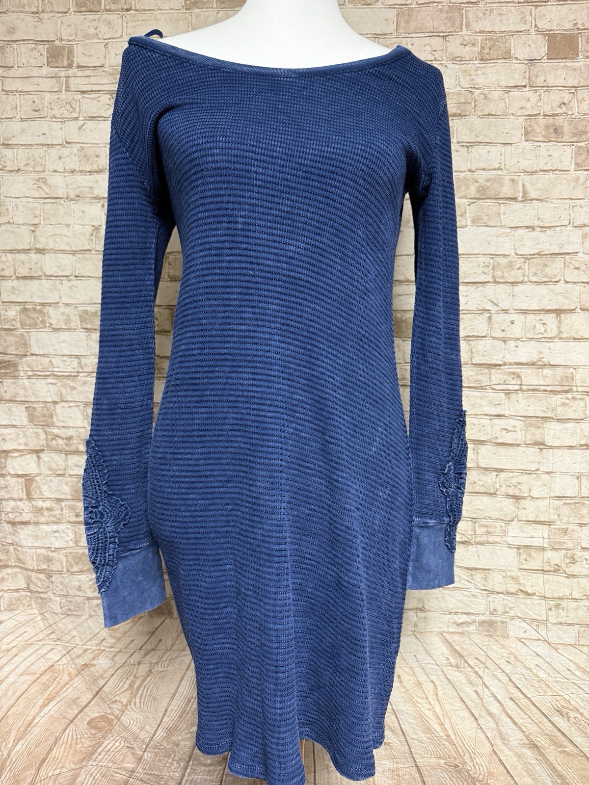 Able Bohemian Textured Knit Thermal Dress With Embroidered Floral Applique S