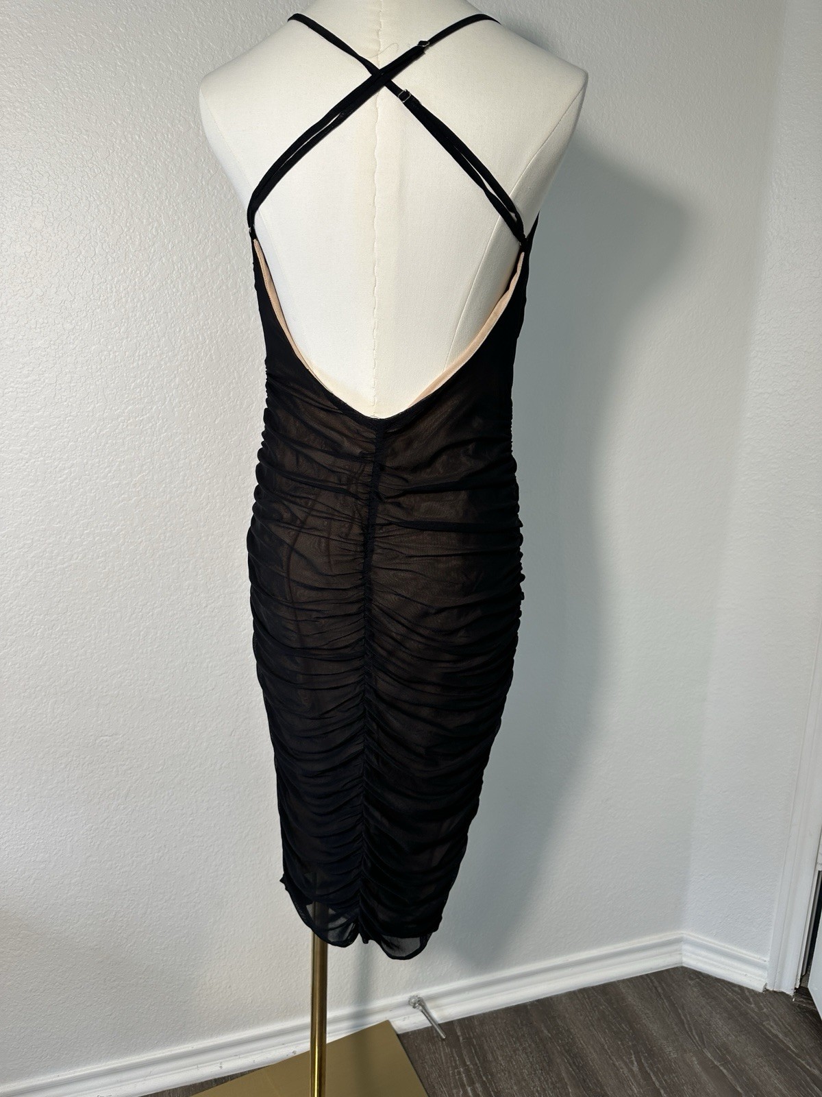 Day & Night Black Ruched Mesh Midi Dress Sheer Bodycon Spaghetti Strap L