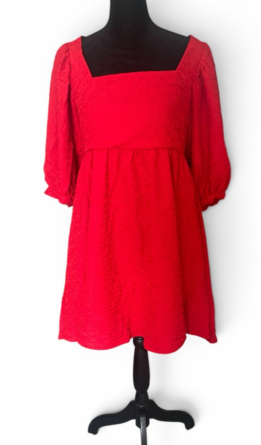 Women’s Red Solid Textured Square Neck Bow Back Pullover Mini Dress S