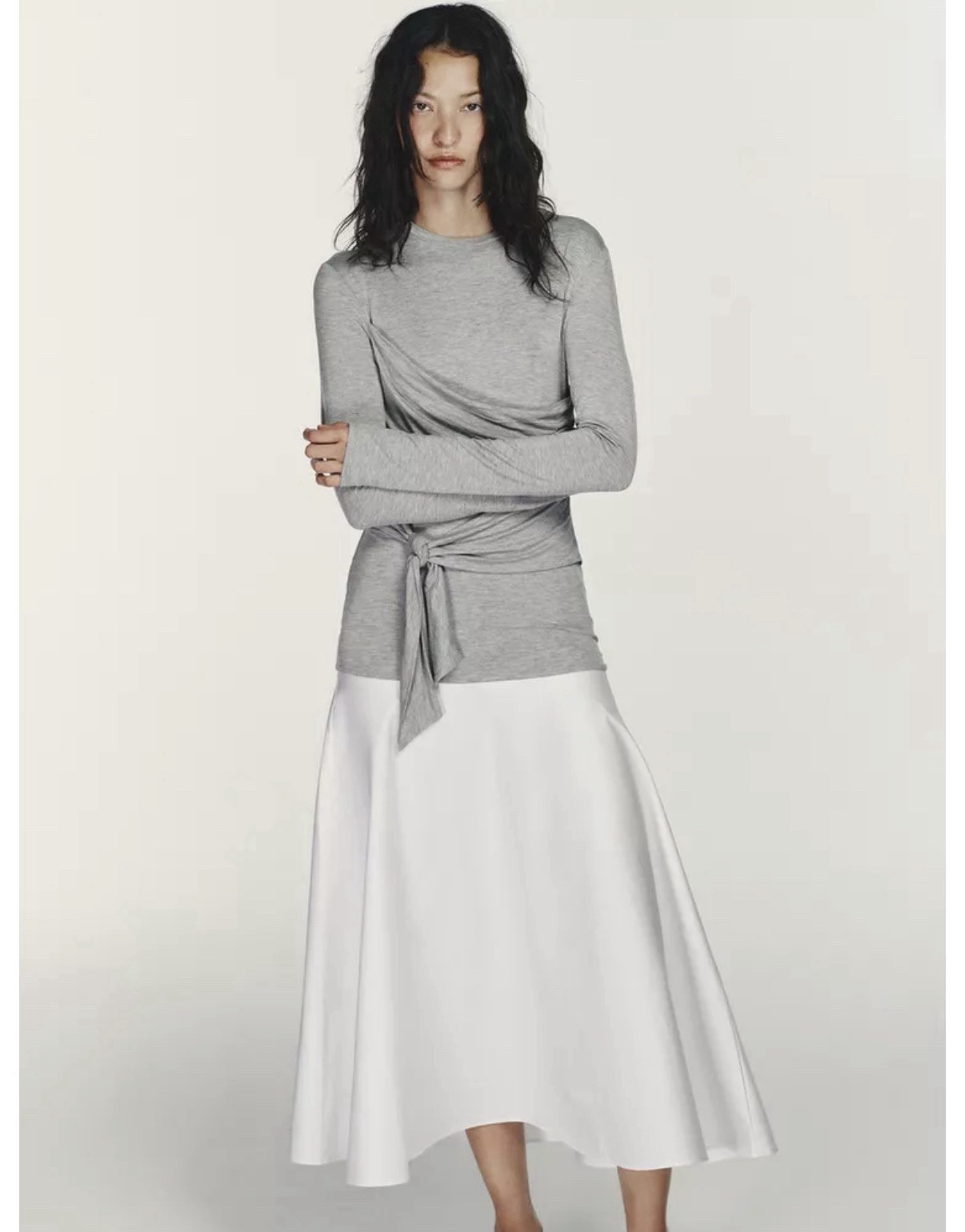 Zara COMBINATION TIE-DETAIL MIDI DRESS WHITE / GRAY 4772/304/096 stretch NWT