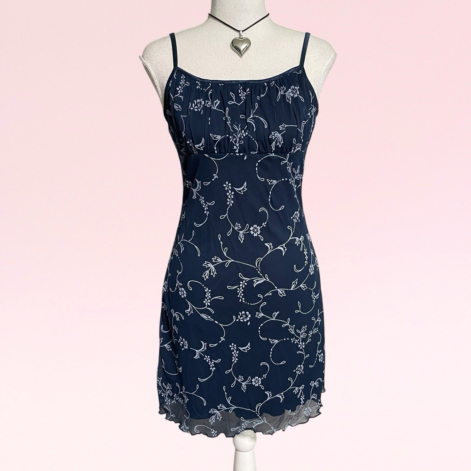vintage y2k whimsy goth floral milkmaid navy blue mesh grunge slip party dress M