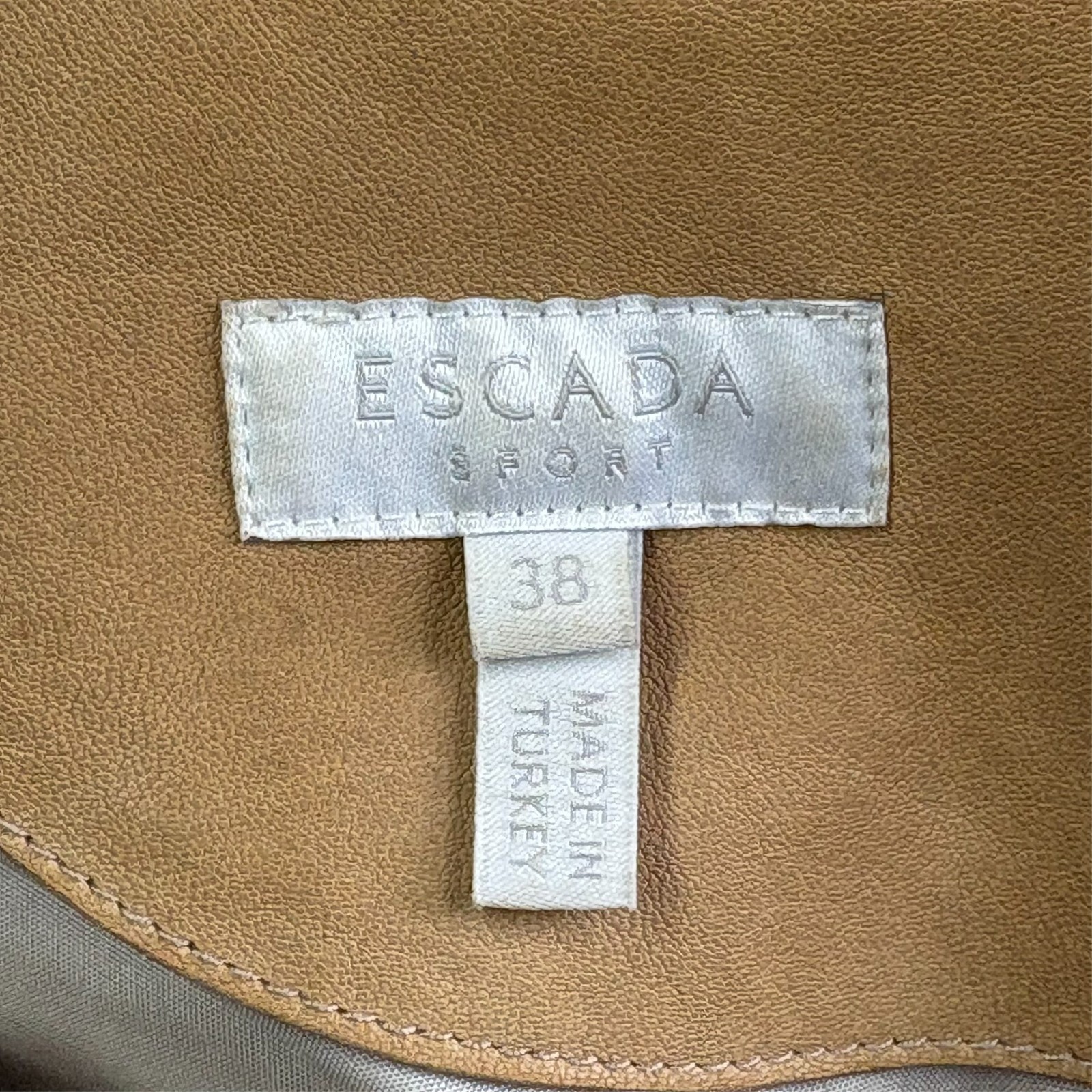 Escada Leather Sleeveless Midi Dress Womens EU 38 US 6 Light Umber Tan Scalloped