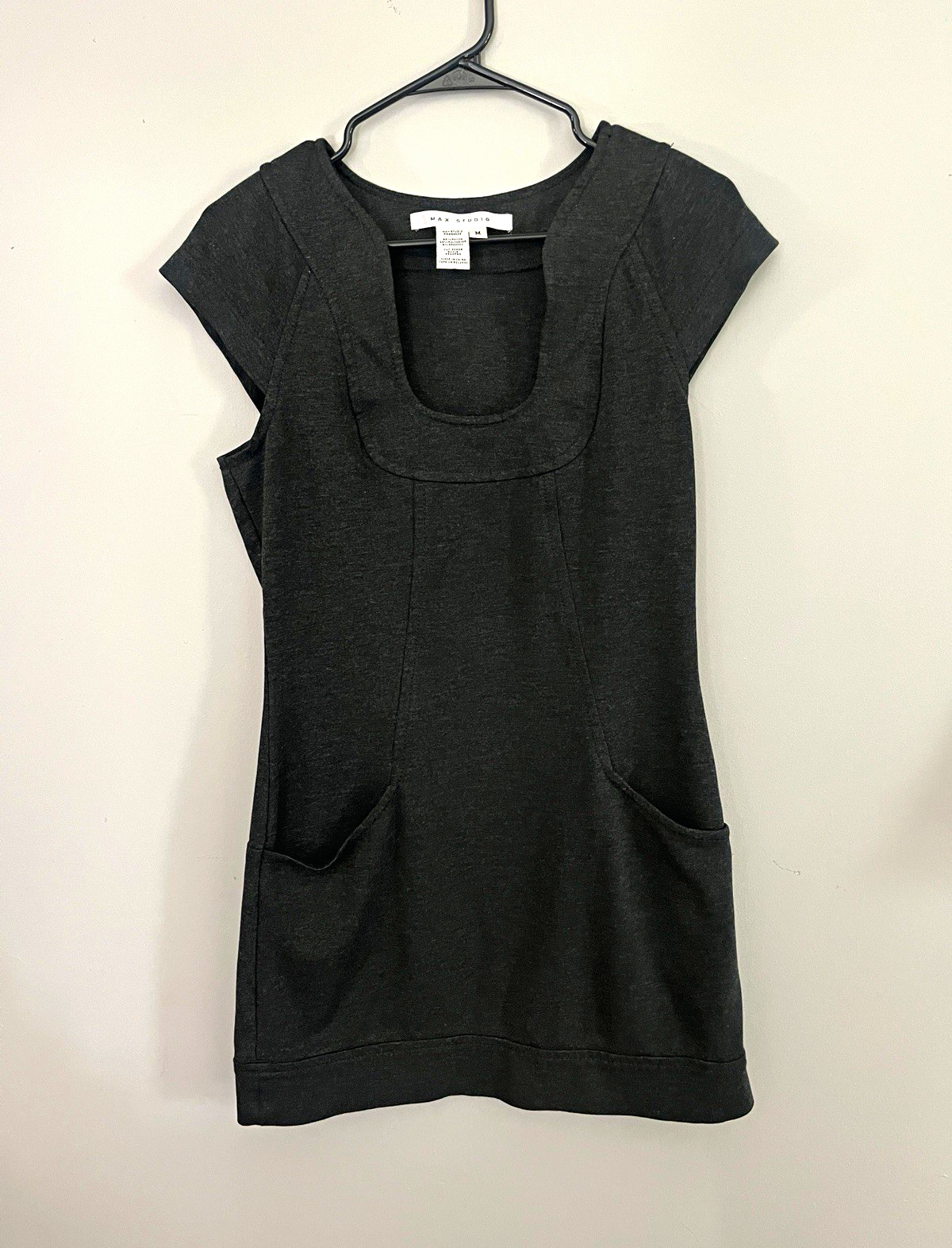 Max Studio Gray Solid Scoop Neck Cap Sleeve Knit Mini Dress Pockets Stretch M